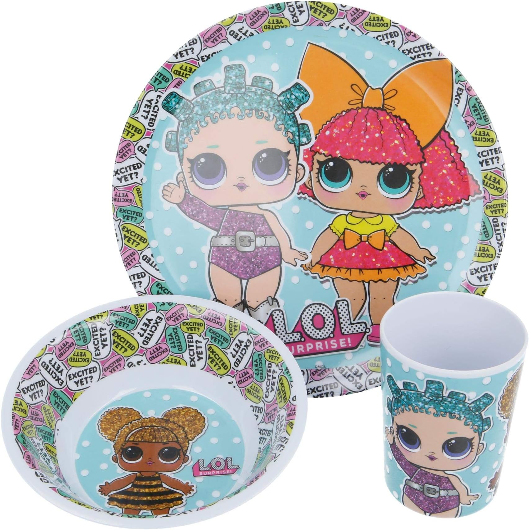 Official L.O.L Surprise! 3Pcs Coloured BPA Free Melamine Dining Set - Plate, Bowl and Tumbler Dinnerware Set for Children