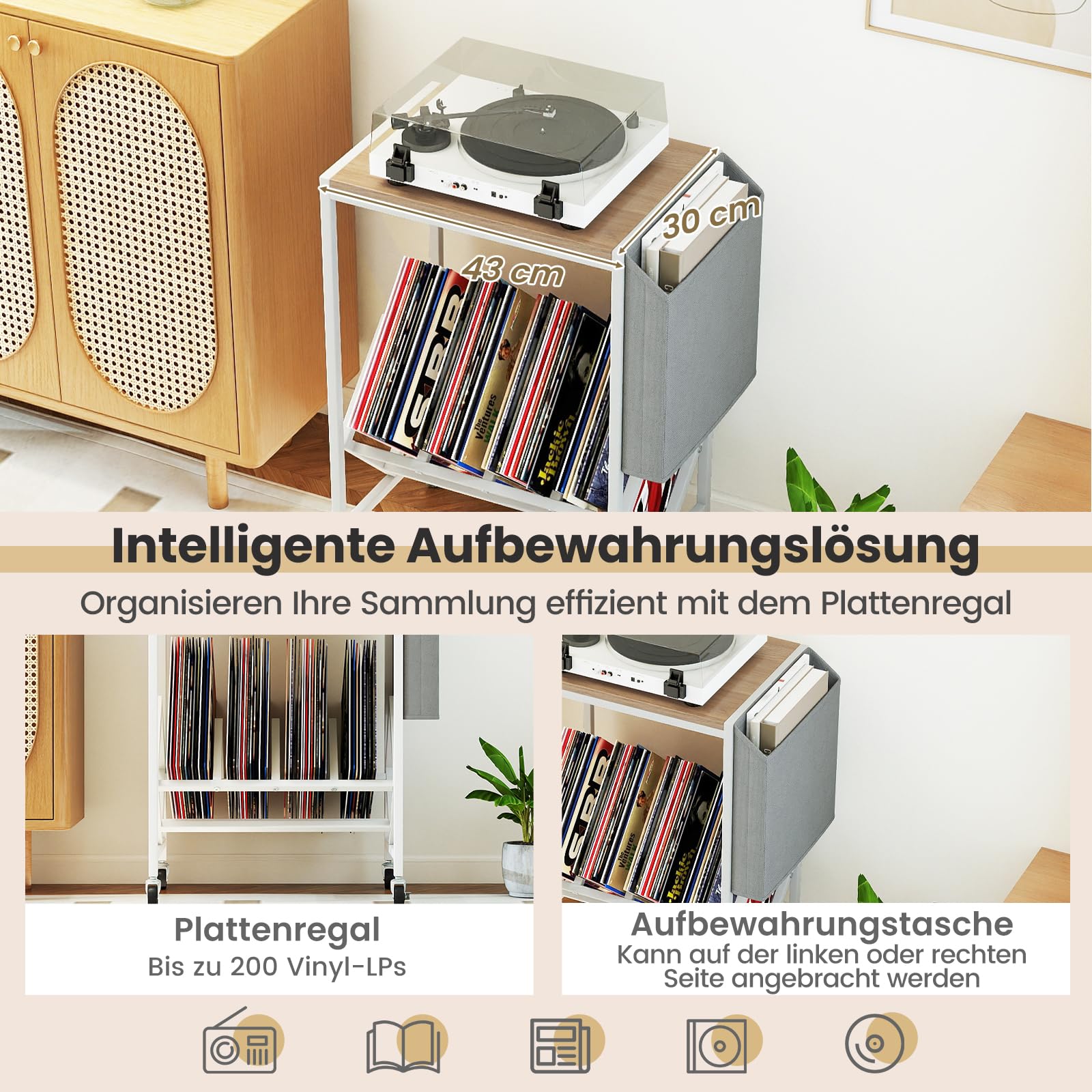 COSTWAY Plattenspieler Regal, Schallplattenregal mit Vinylaufbewahrung & Zeitschriftenhalter, Schallplattenständer mit feststellbaren Rollen, Beistelltisch für Wohnzimmer, Schalfzimmer (Weiß)