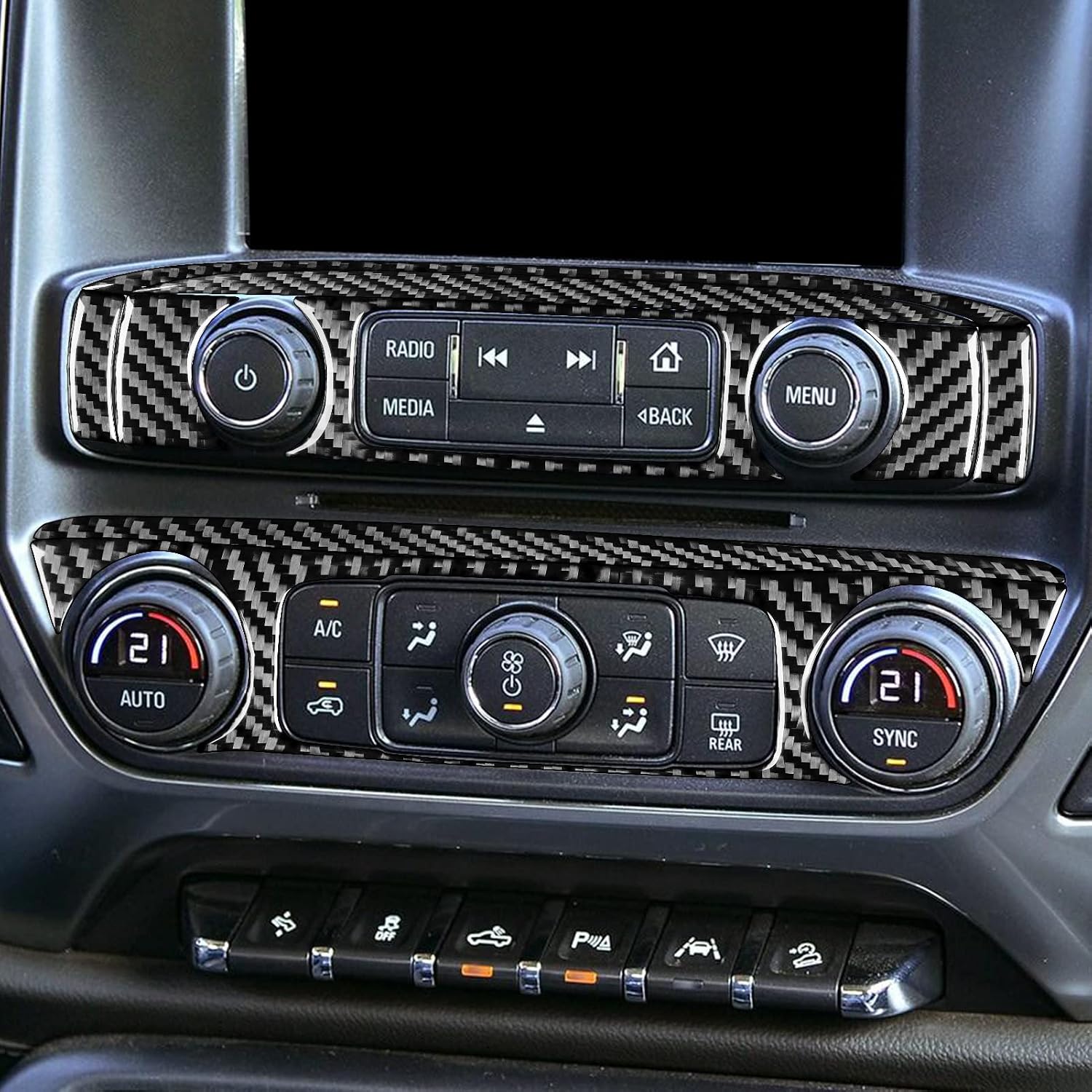 Real Carbon Fiber Compatible with Chevrolet Silverado 1500/GMC Sierra 1500 2014-2018 Car Radio Knob Air Conditioning Console Frame Trim Kit Decals Sticker Decor Auto Interior Accessories Cover Black