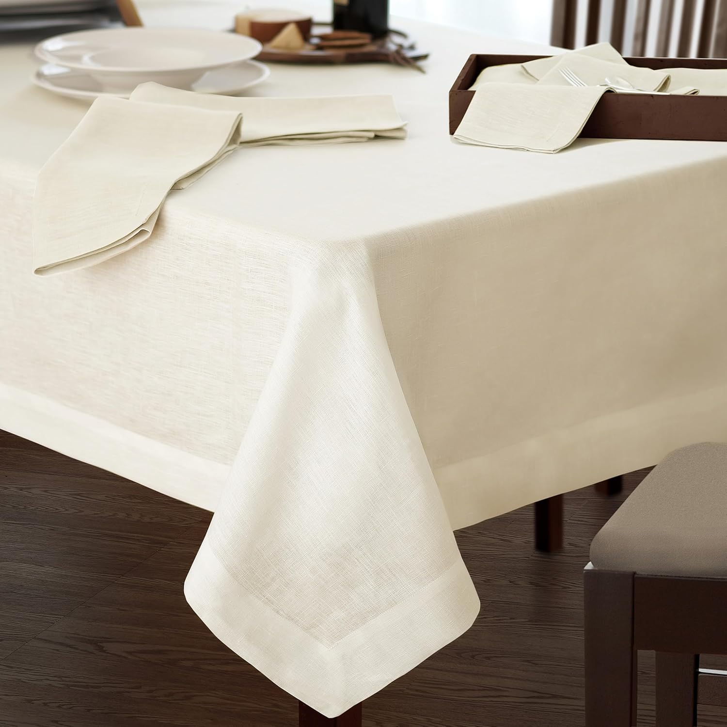 Elrene Home Fashions Villeroy & Boch La Classica Linen Tablecloth, Great for Formal Dining or Everyday Use, 70 Inches by 96 Inches, Ivory