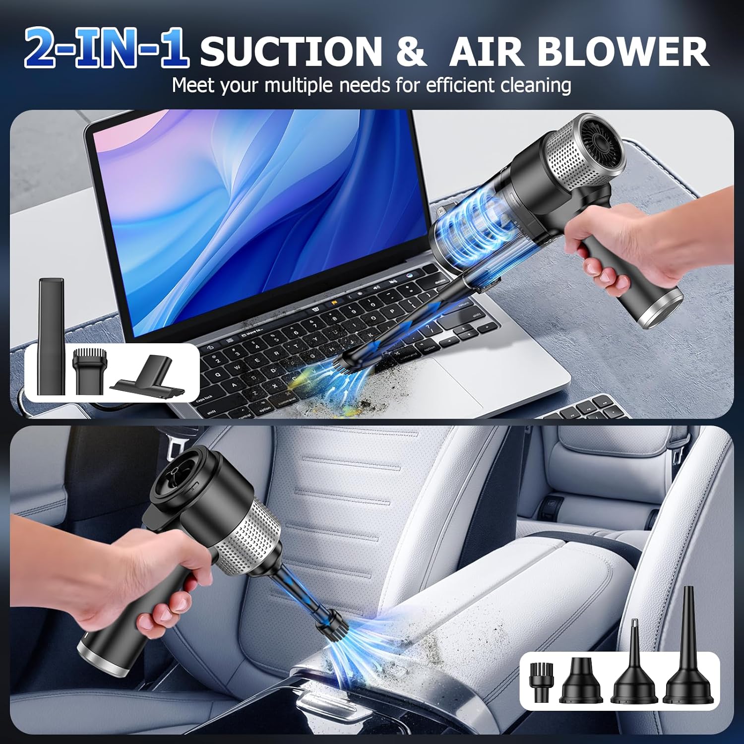 JONYJ Handheld Car Vacuum Cleaner Cordless, 16000PA Hand Held Vacuum Portable, 2 in 1 Air Duster and Mini Vacuum Cleaner Rechargeable with Led, Multi-Nozzles & Washable Filters for Home Office Car Pet - Image 3