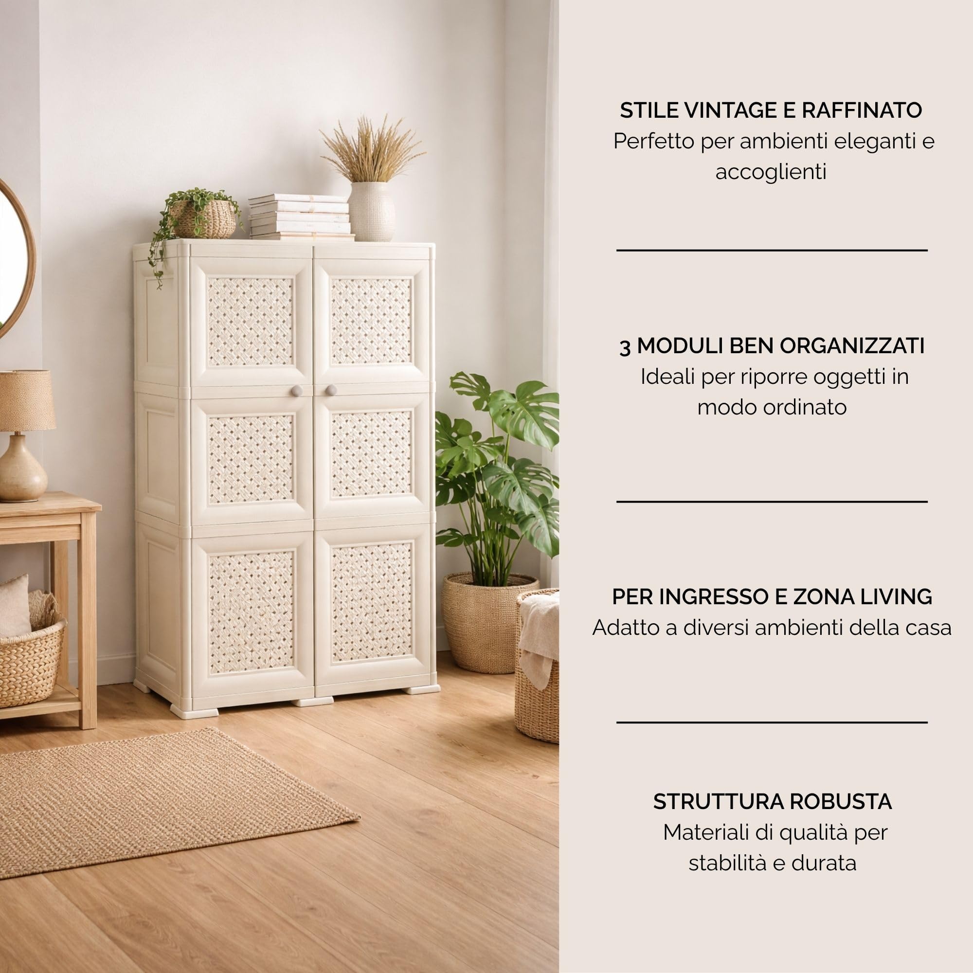 Armadio in Plastica 79 x 43 x 125 cm con Ante Traforate – Mobile Contenitore Verticale Salvaspazio per Zona Living e Organizzazione Casa (Angora)