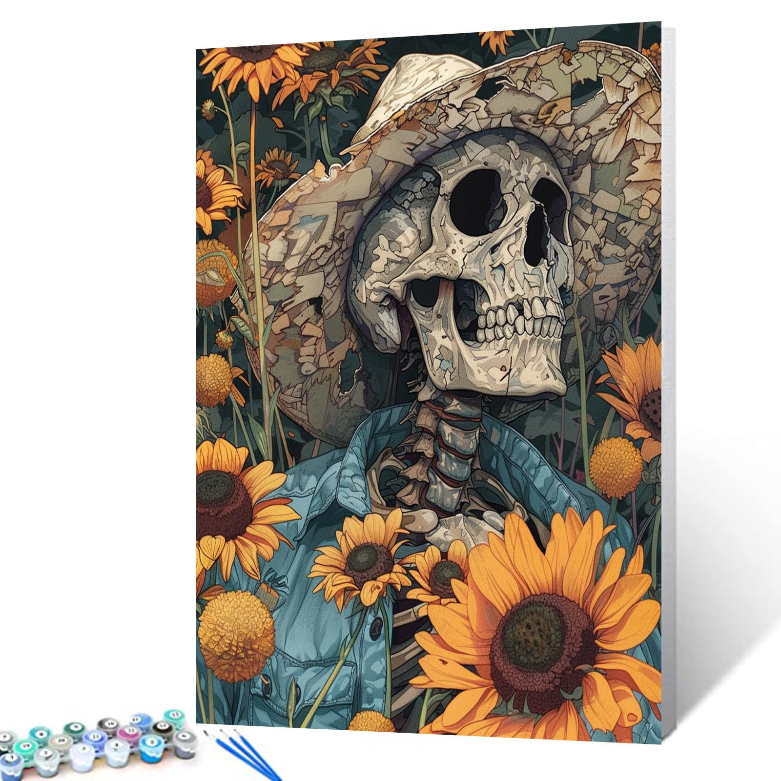 DIY Paint by Numbers for Adults & Kids, Mexican Human Skull Paint by Numbers Sunflower DIY Painting Acrylic Paint by Numbers Painting Kit Home Wall Living Room Bedroom Decoration 16X20In (DIY Frame)