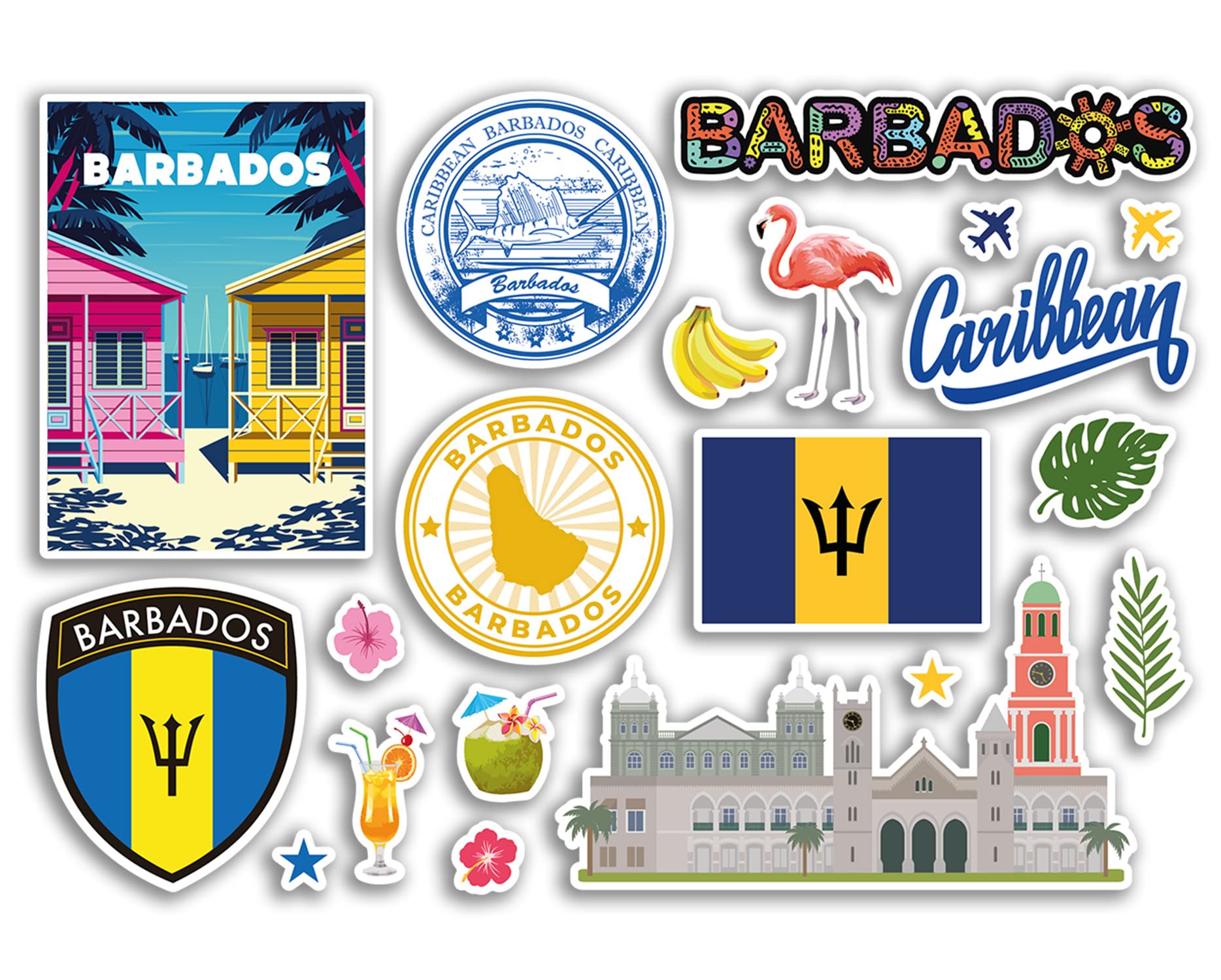 Dv Design Multi A5 Sticker Sheet Barbados Landmarks Vinyl Stickers - Caribbean Beach Summer Tropical Coast Flamingo Airport Stamps Skyline Flag Map Travel Holiday Scrapbooking Luggage #79209