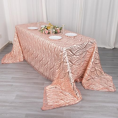 Miniatura 4 de TABLECLOTHSFACTORY - Mantel rectangular de lentejuelas bordadas con ondas de oro rosa rubor de 90 x 156 pulgadas