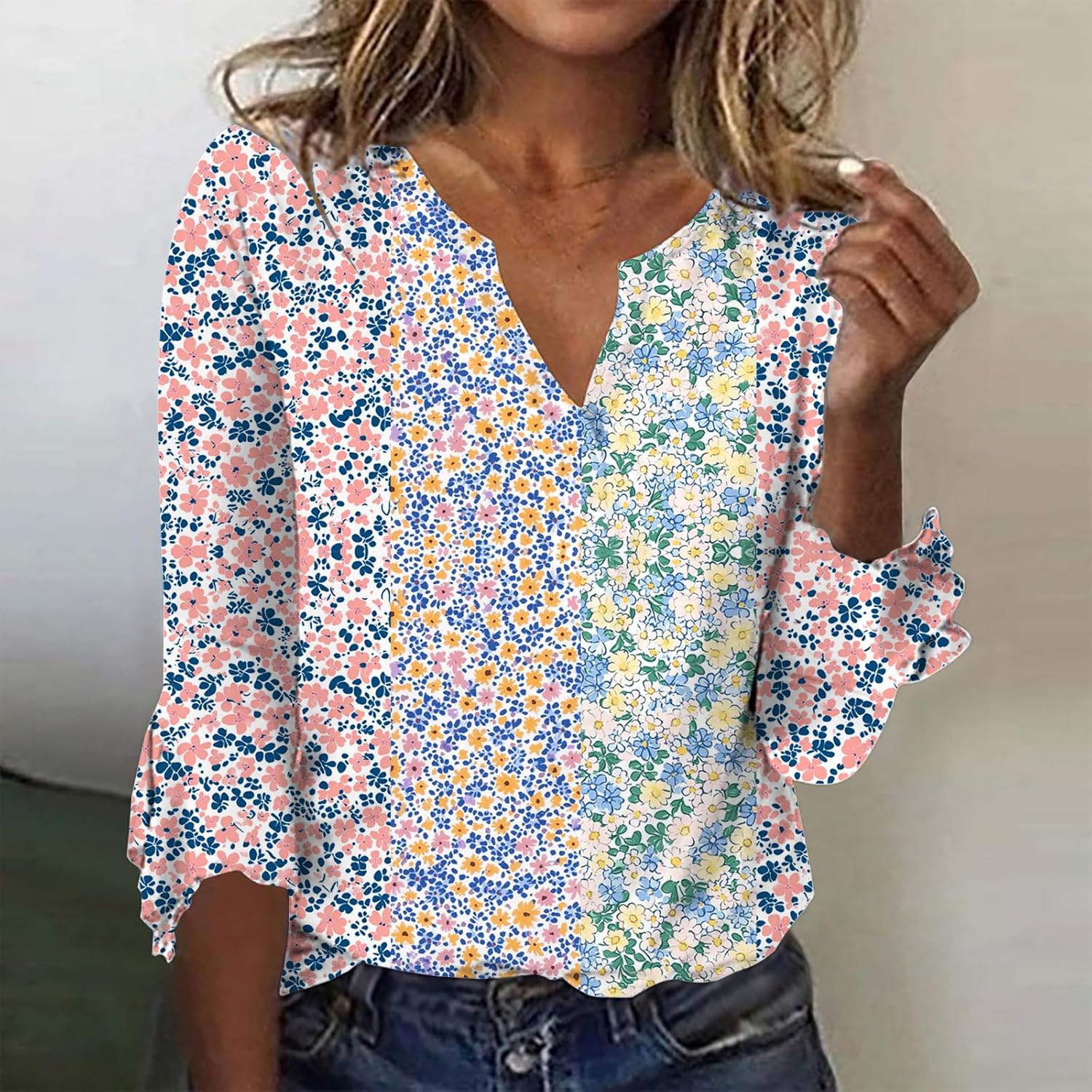 LOAIHA 3/4 Length Sleeve Womens Tops V Neck Floral Casual Bell Sleeve Tunic Shirt Bohemian Clothes Beach Boho Blouses - Image 2