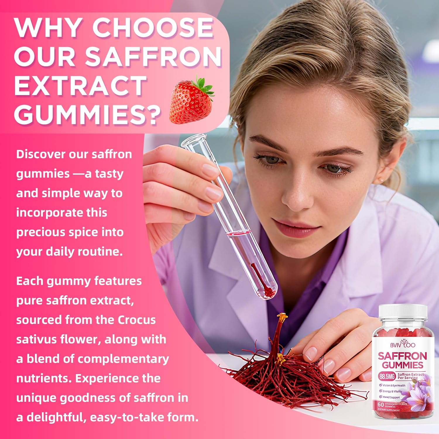 Saffron Gummies for Adult Kids, 10-IN-1 Formula with Saffron 88.5mg, Vitamins D3 & B6, Magnesium, Zinc, Ashwagandha, L-Theanine, St. John's Wort - Supports Mood & Focus, Strawberry Flavor, 60 Count - Image 7