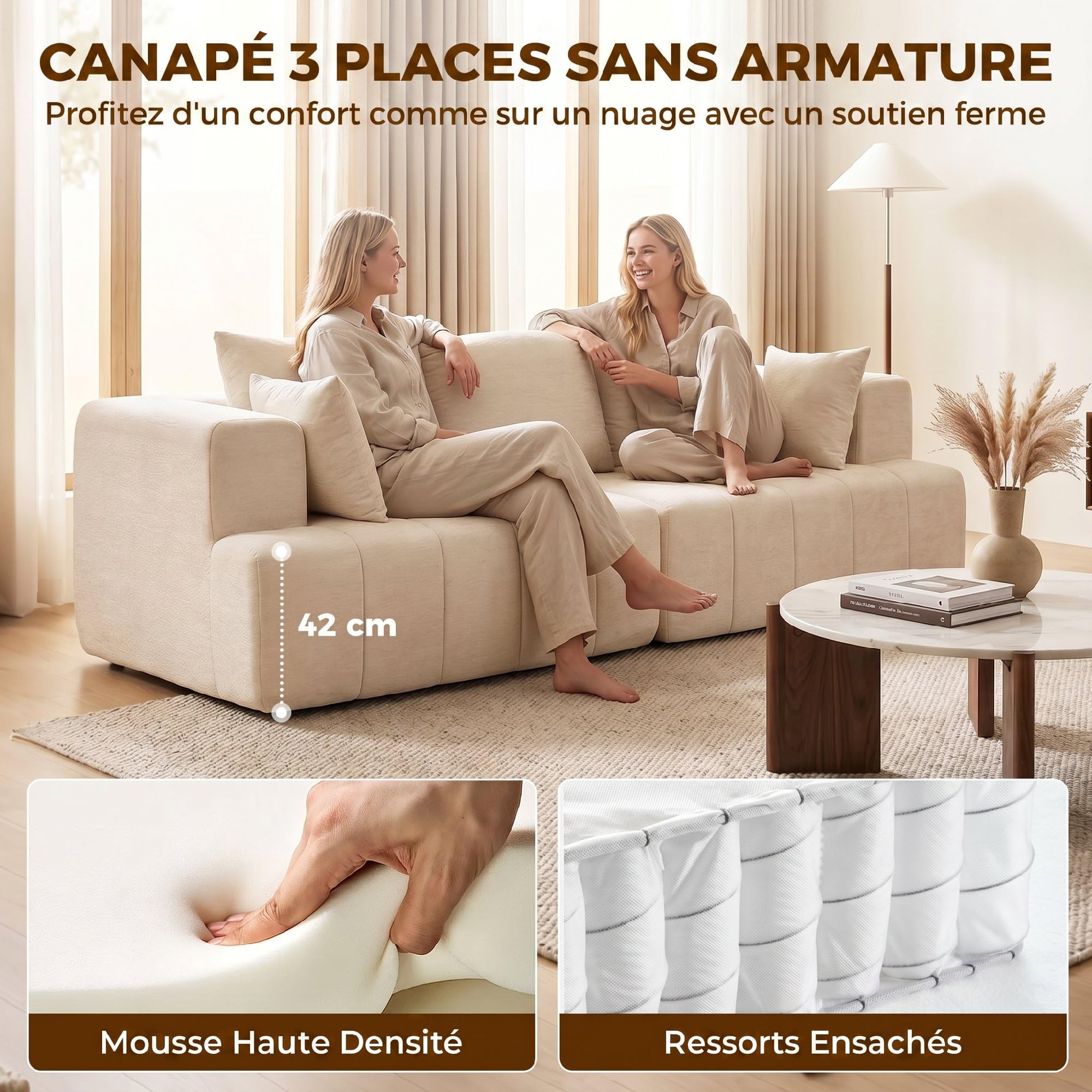 HOMCOM Canapé 3 Places en Chenille 248 cm Large Assise Rembourrée Beige