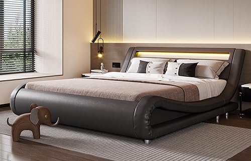 Miniatura 9 de SHA CERLIN - Base de cama Queen con cabecera LED ajustable - Diseño de trineo de perfil bajo, soporte de listones de madera resistente y base para