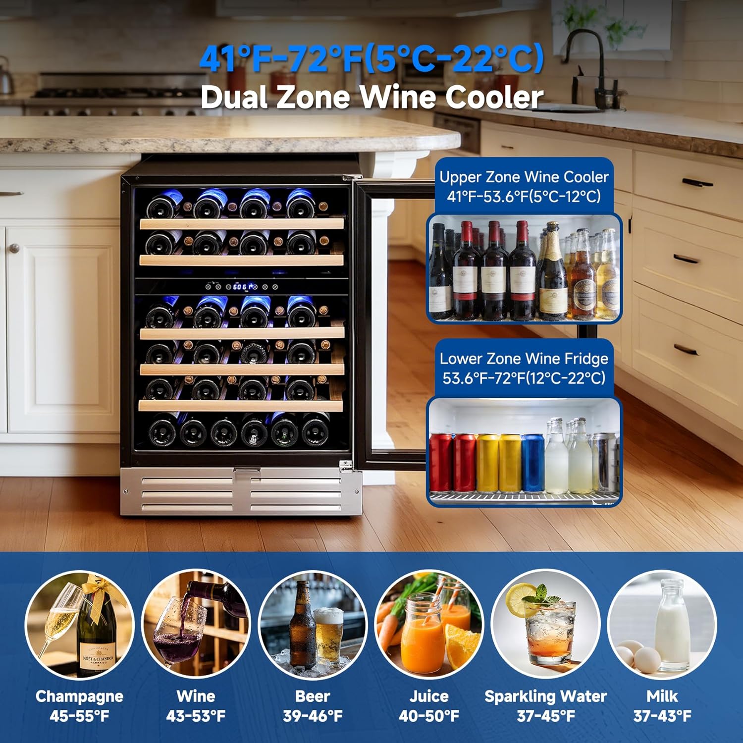 BODEGA COOLER 24 Inch Wine Fridge, 46 Bottle Wine Cooler Refrigerator, 41-72°F Wine Refrigerator Glass Door, Blue LED Wine Fridge, Built-in or Freestanding Fridge for Home/Bar/Kitchen (5.3 cu.ft)