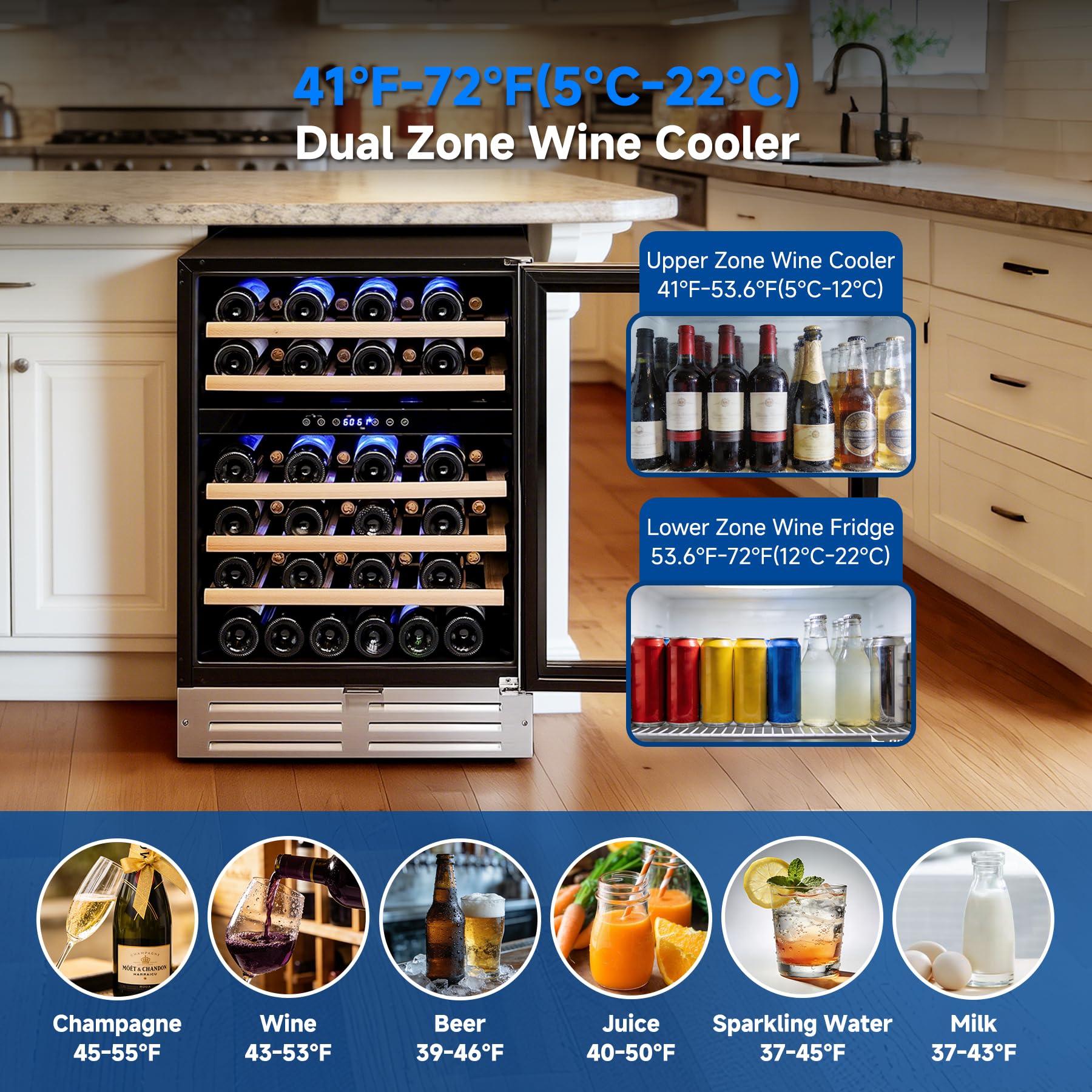 BODEGA 24 Inch Wine Fridge, 46 Bottle Wine Cooler Refrigerator, 41-72°F Wine Refrigerator Glass Door, Blue LED Wine Fridge, Built-In Or Freestanding Fridge For Home/Bar/Kitchen (5.3 Cu.Ft) on Fridge.com - View 5