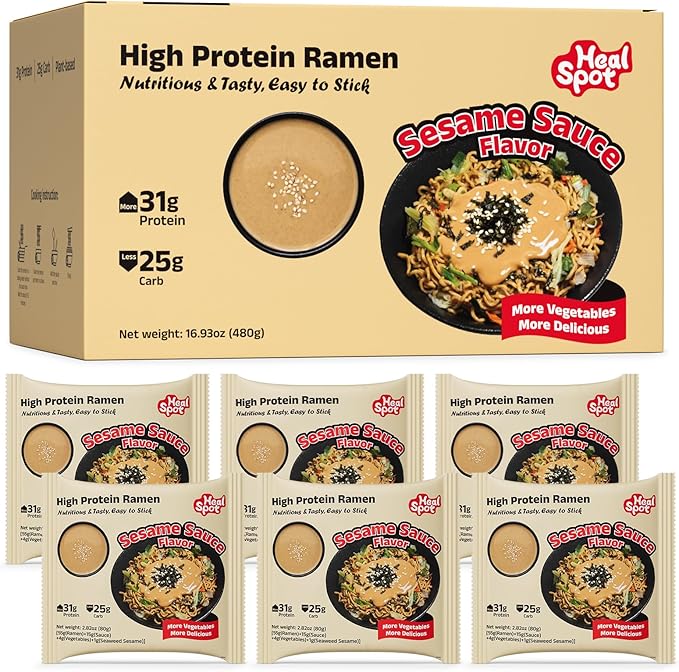 HealSpot High Protein Instant Ramen, 31g Plant Based Protein, Low Fat, Low Carb, Non GMO, Keto Friendly, Plant Based Dry Mixed Ramen, 6 Packs of Sesame Sauce Flavor | 50% Protein, Keto Friendly, Vegen Friendly, Healthy Quick Meal