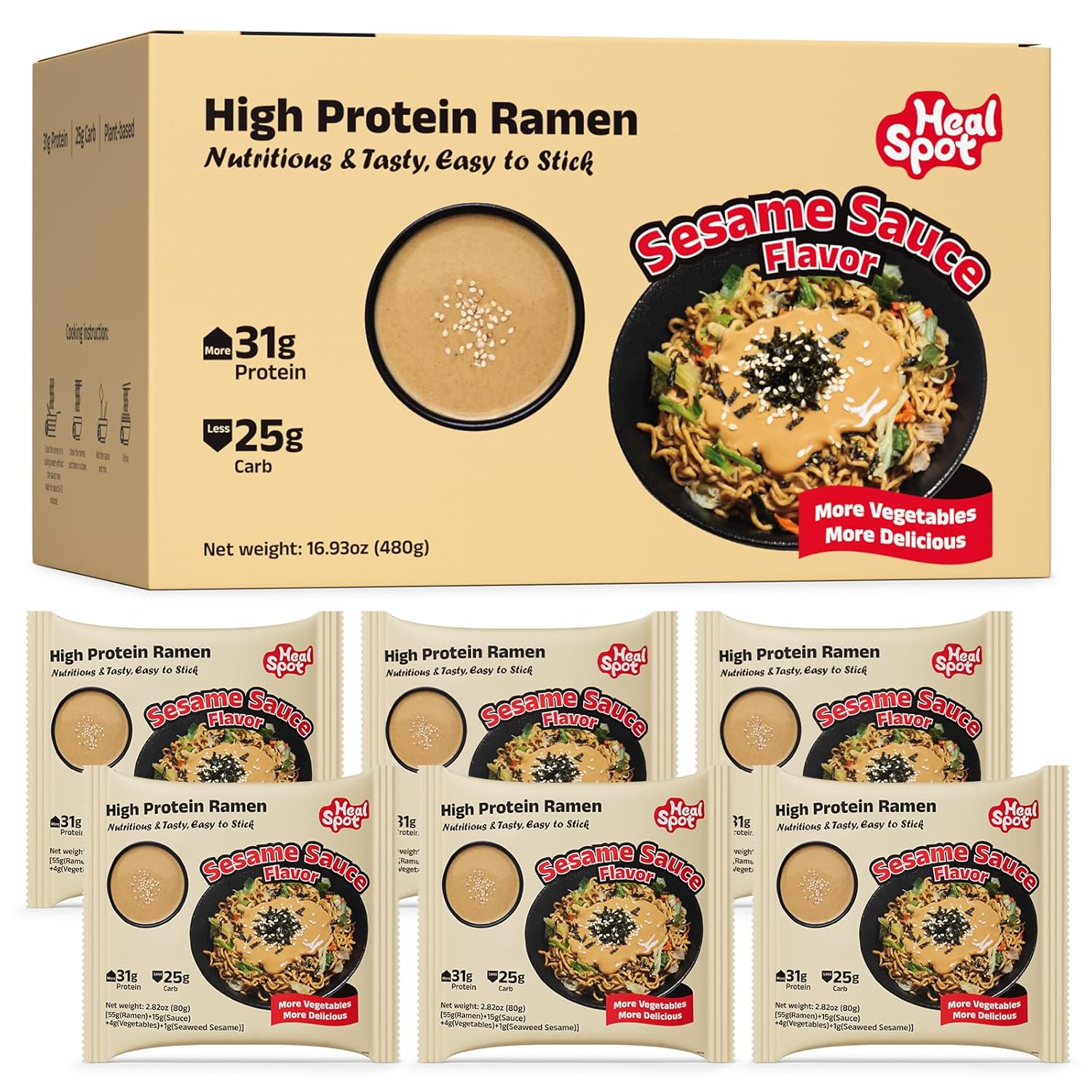 HealSpot High Protein Instant Ramen, 31g Plant Based Protein, Low Fat, Low Carb, Non GMO, Keto Friendly, Plant Based Dry Mixed Ramen, 6 Packs of Sesame Sauce Flavor | 50% Protein, Keto Friendly, Vegen Friendly, Healthy Quick Meal