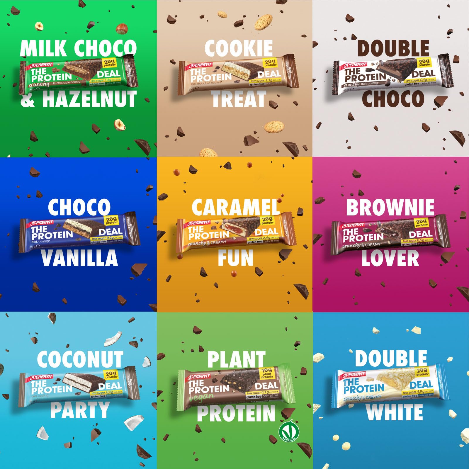 Enervit The Protein Deal Crunchy Double Choco Storm, Barritas Proteicas, Sabor Chocolate Negro, 20g de Proteínas, 0,1g de Azúcares, Snack Delicioso, Sin Gluten, 12 Barritas de 55g