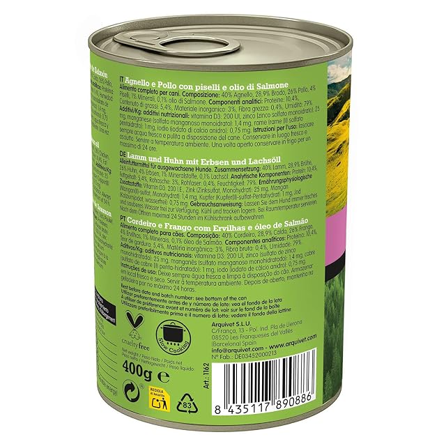 Foto 3 de 7 de Arquivet Comida Húmeda para Perros Adultos, Cordero y Pollo, No Aplicable, 400 g (Paquete de 1)
