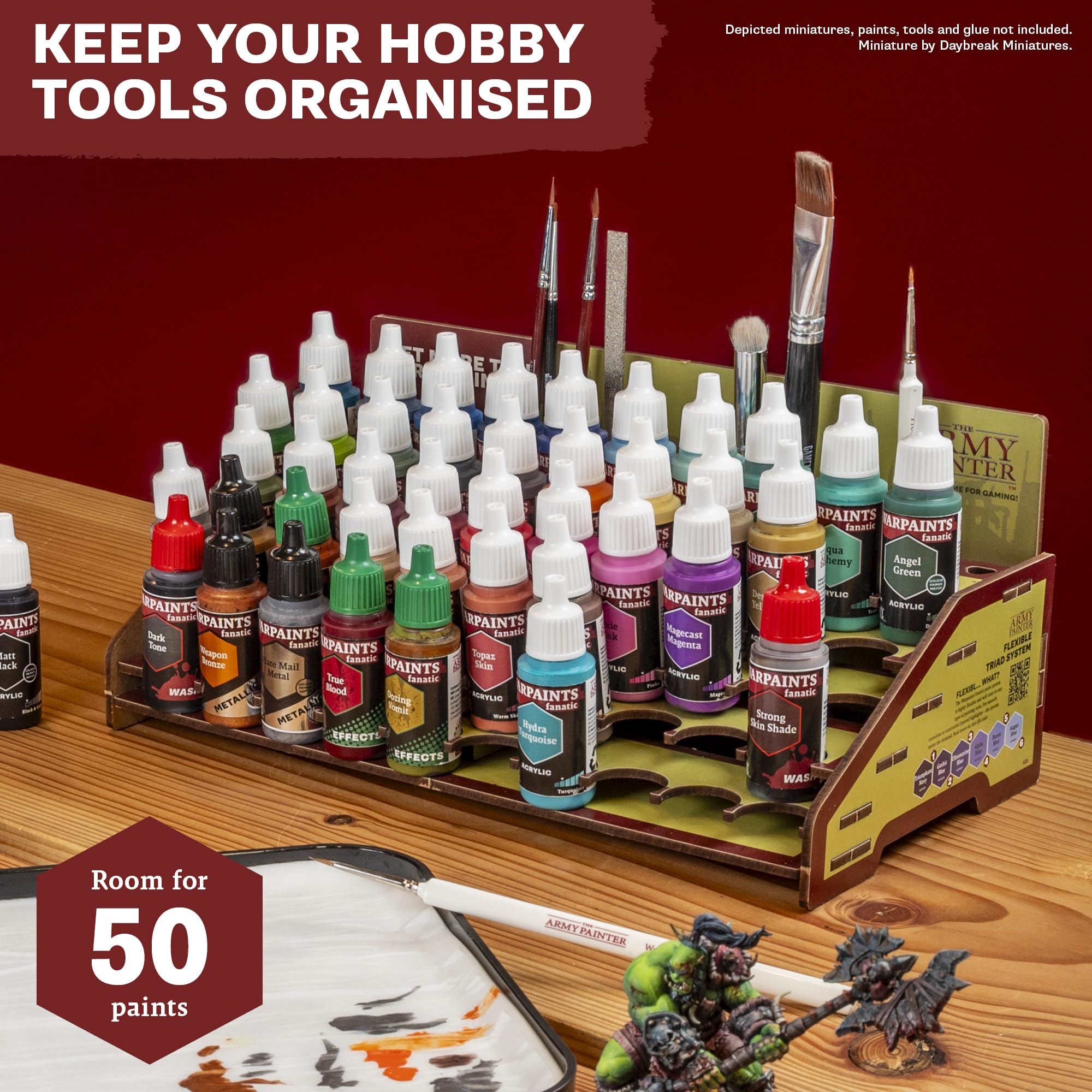 The Army Painter, Paint Station, Farbenregal für 50 Warpaints Fanatic, Speedpaint und Warpaints Air Acrylfarben, inklusive Aufbewahrung für Pinsel und 100 Blatt – Farbenständer für Miniaturen