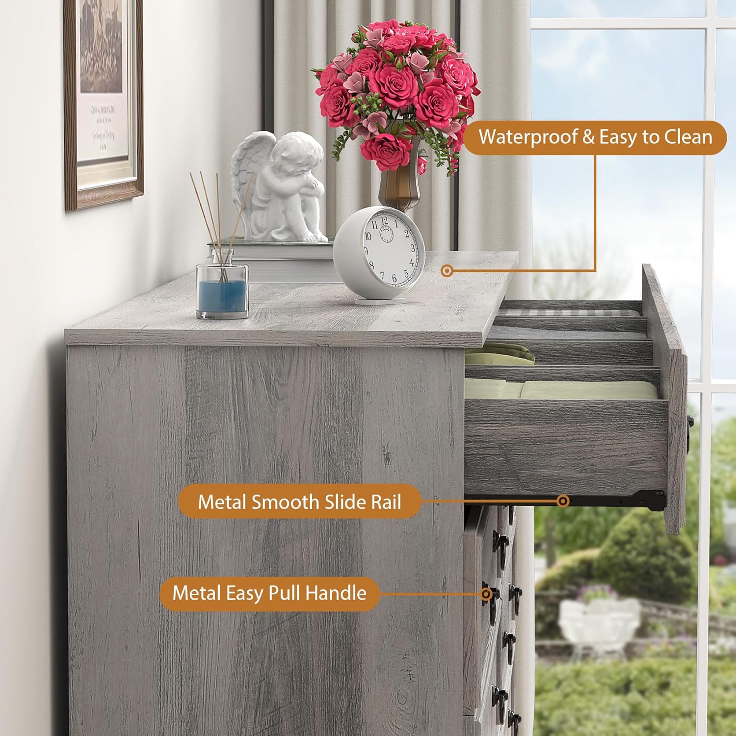 Top-down view of the VVFLU 10-Drawer Dresser with several drawers open, showing clothes neatly organized inside.