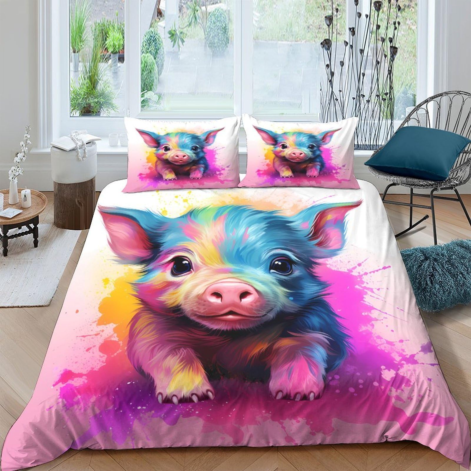 Housse de couette porcelet 3D en microfibre 140x200 cm avec sa taie d'oreiller