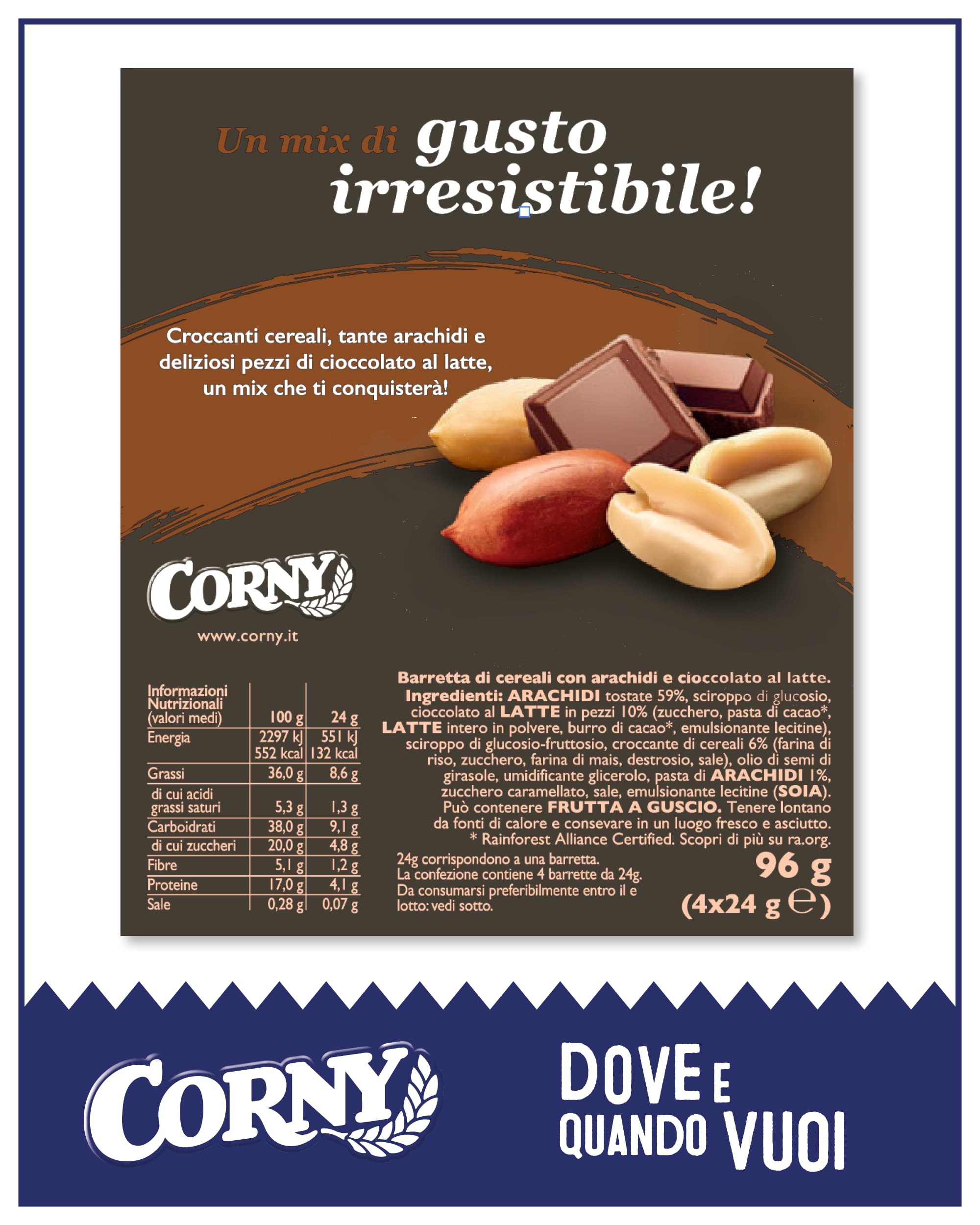 Corny Nuts Barrette Arachidi e Cioccolato al Latte, Senza Olio di Palma, Fonte di Fibre, 4 Barrette da 24g, Confezione da 10 Scatole