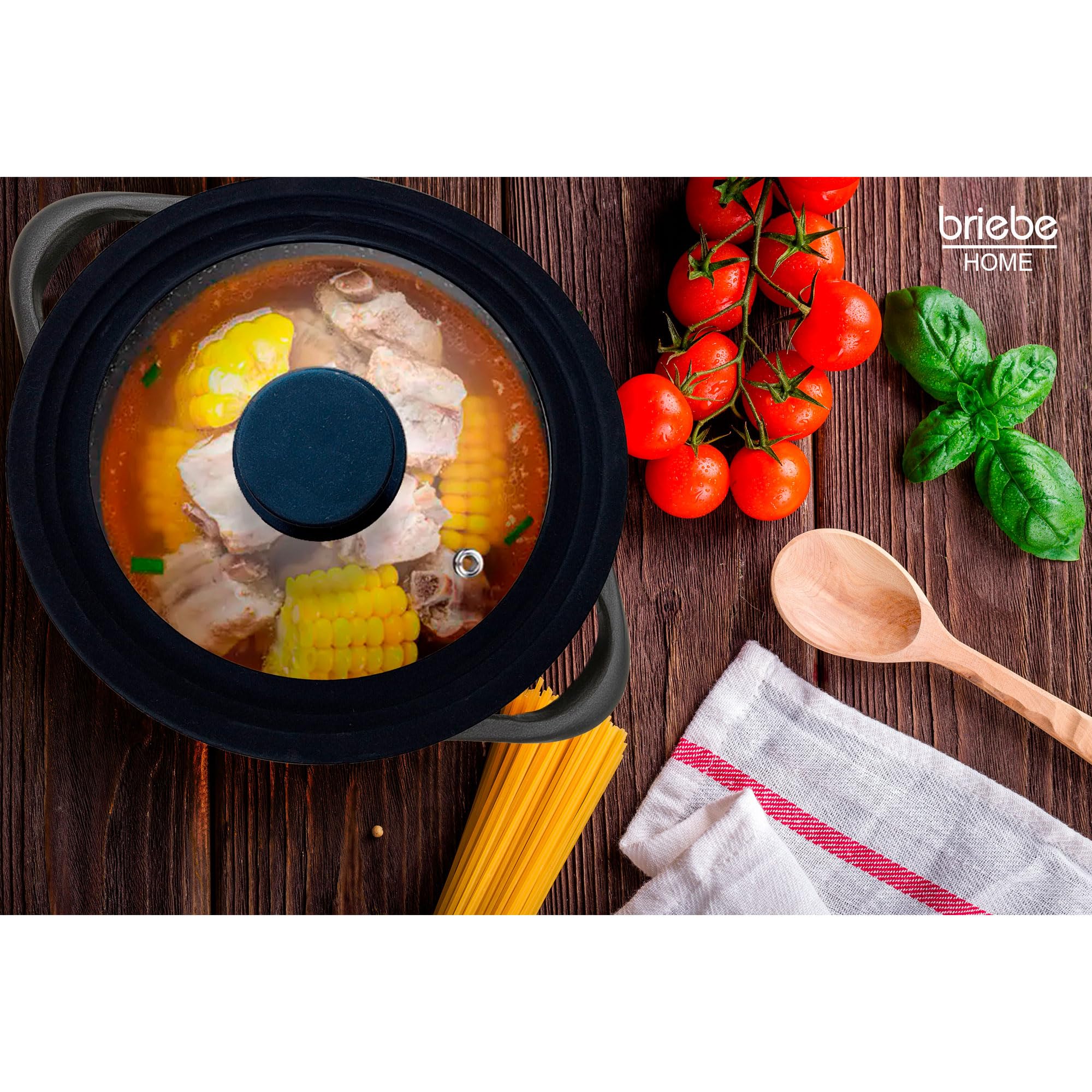 briebe TotaLid Set di 2 Coperchi Universali per Padella con Bordo in Silicone e Vetro Temperato, Multidiametro 16-18-20cm e 24-26-28cm, senza BPA, per Pentole, Casseruole, Valvola per il Vapore