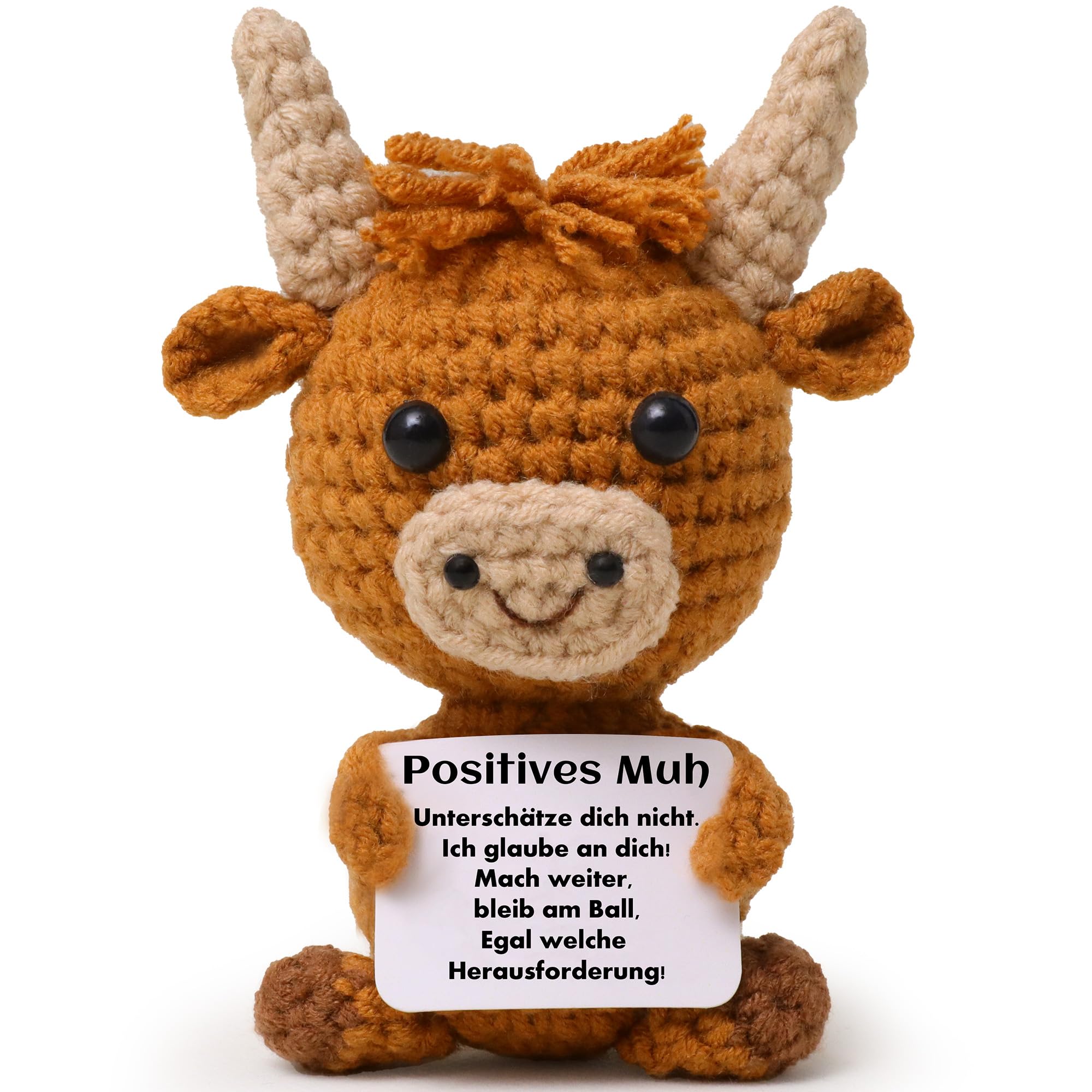 Gehäkelte Highland Cow Kuh – Mini Strickpuppe mit Positiver Energie Karte, Emotionaler Support Kuscheltier für Stressabbau, Niedliches Hochlandrind Geschenk für Frauen, Freunde, Studenten Weihnachten