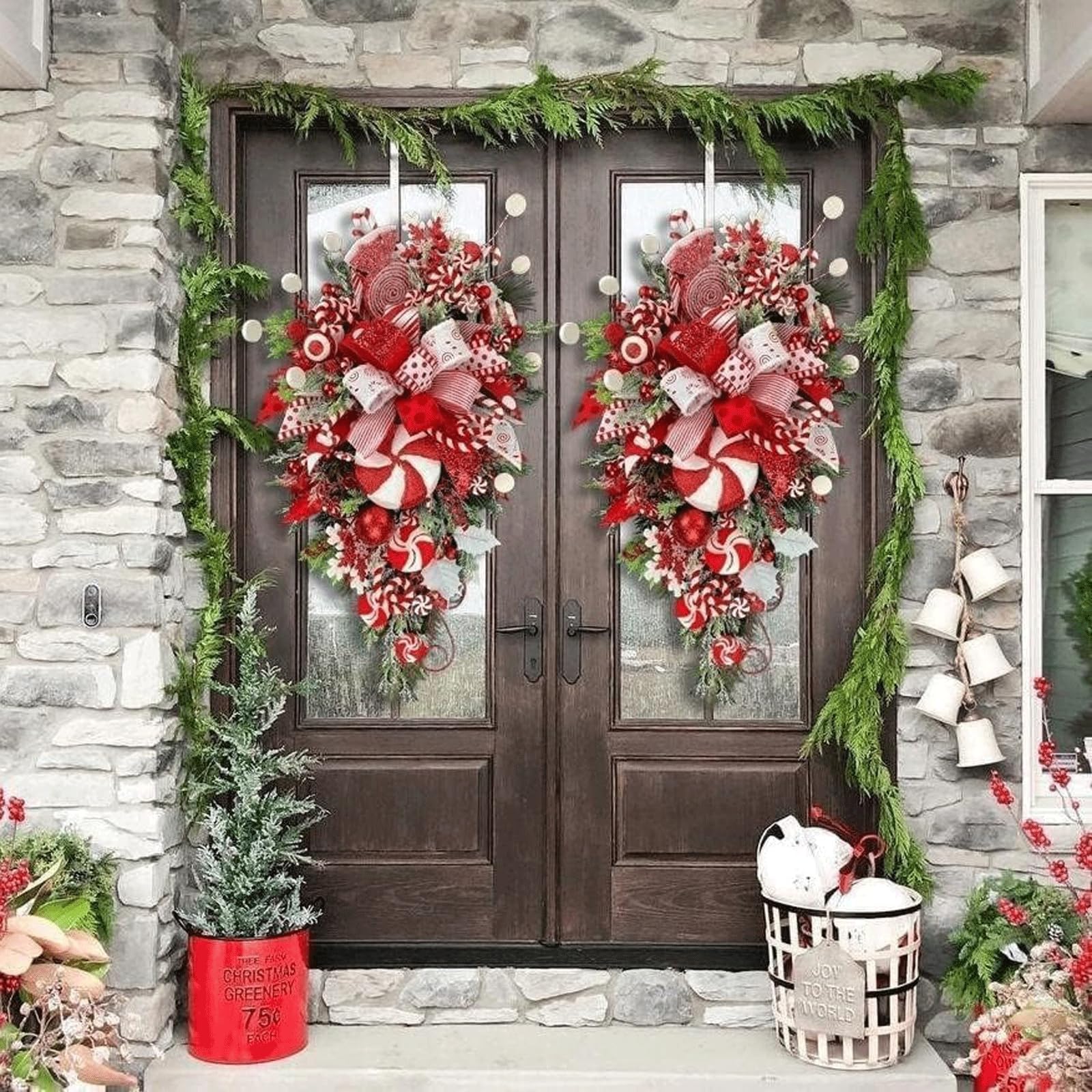 Yofab Couronne de Noël pour porte d'entrée extérieure, couronnes de vacances, couronnes de porte pour le printemps et l'été, fabriquées avec de la mousse plastique durable et du ruban 50 x 30 cm,