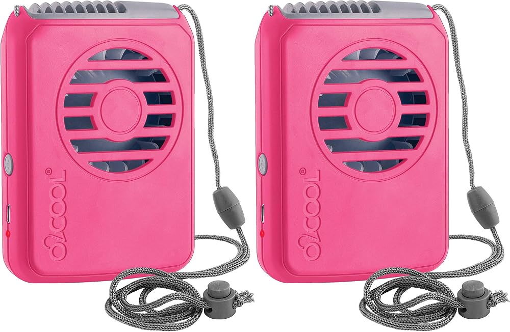O2COOL Personal Travel Rechargeable Battery Powered Neck Cooling Fan, 2-Pack (Pink)