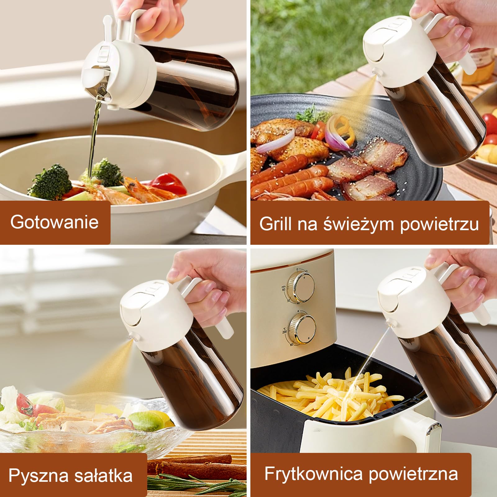 YARRAMATE blokujący światło rozpylacz ciemnego oleju do gotowania, 2 w 1 spryskiwacz do oleju do gotowania, 470 ml szklana butelka na olej, dozownik oleju i do kuchni smażenia BBQ (biały)