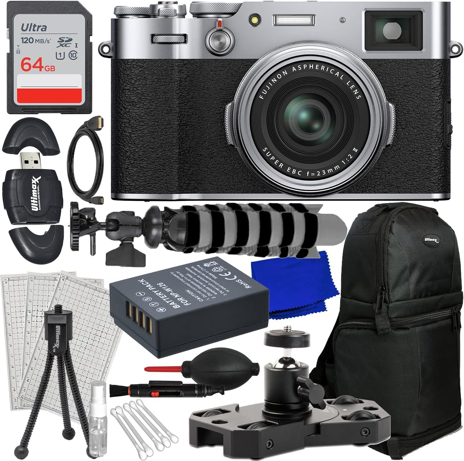 Advanced FUJIFILM X100VI Digital Camera (Silver) Bundle Includes: 64GB SDXC Memory Card, Replacement Battery, Mini Metal Dolly, Sling Backpack, 8