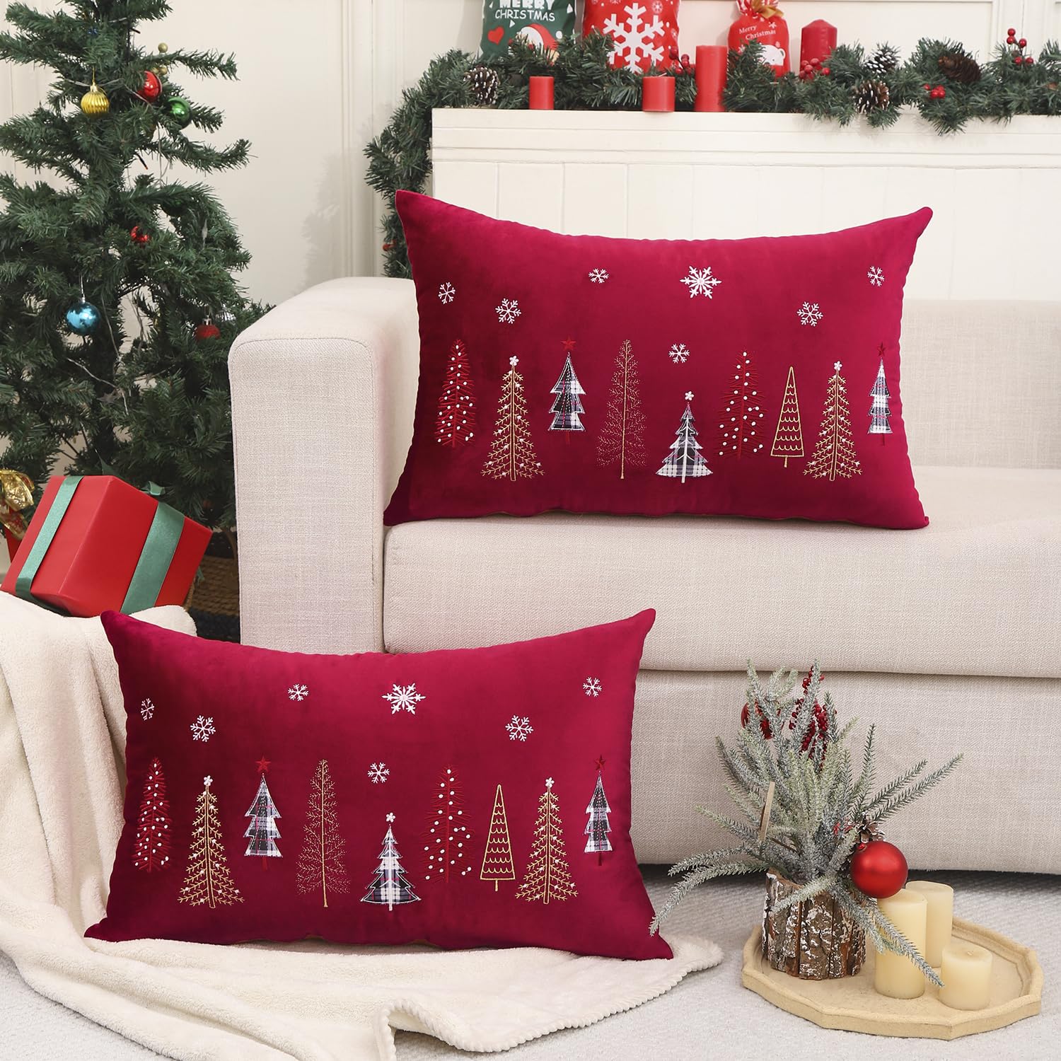 Tosleo - Juego de 2 Fundas de cojín (Terciopelo, 40 x 66 cm, Funda de Almohada, Color Rojo y Alegre Xmas, Muchos árboles de Navidad, decoración de Invierno, para sofá, Cama, Silla, salón o casa