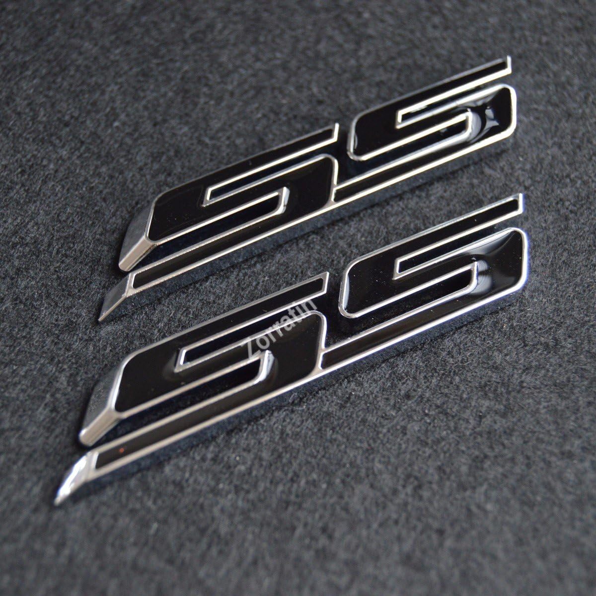 (Set of 2) Slant SS Grill Side Fender Trunk Emblem Badge Decal with Sticker for Chevrolet Chevy Camaro Impala Malibu Holden 2010 to 2025 [Black Letter with Chrome Trim]