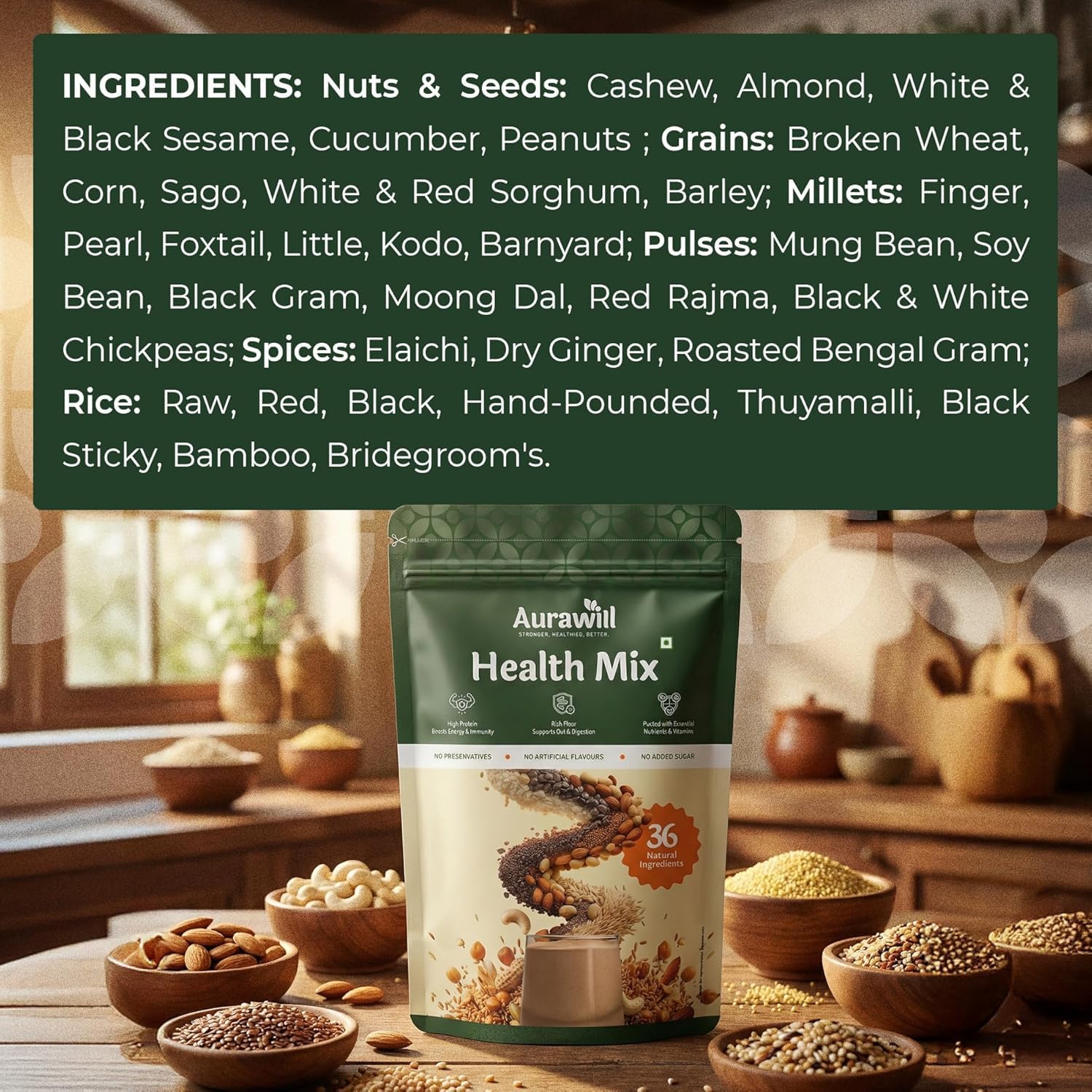 Aurawill Health Mix Powder 2.2Kg | 36 Natural Ingredients | Sathu Maavu Multigrain Drink | No Added Sugar | for Kids Adults Elders | Gut Immunity — Amazon image 6