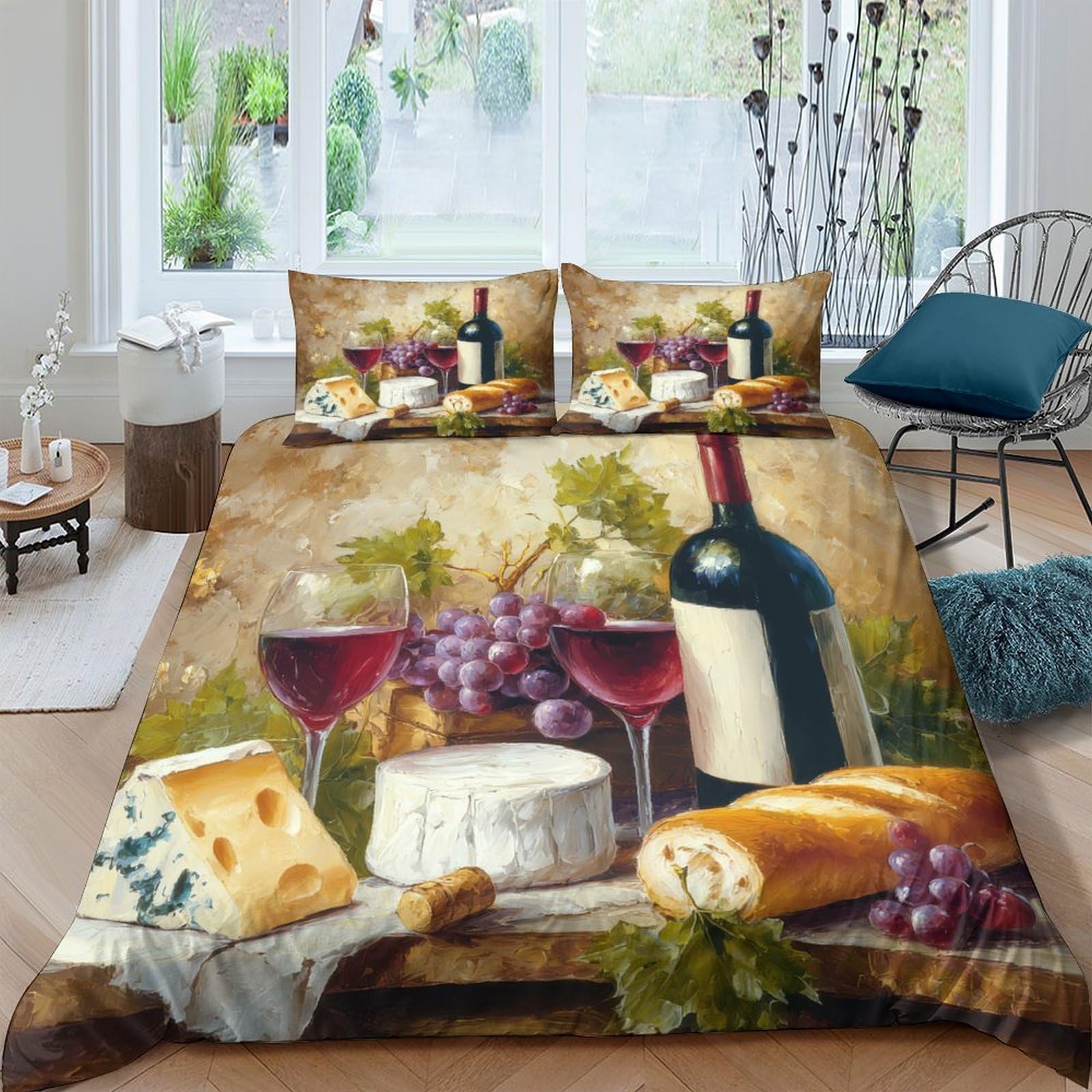Ctjqhvkz Style-3 3D Printed Wine Cheese Fitted Sheet Microfiber Soft Anti-Slip Bread Grapes Bed Sheet For Bedroom Decor Single（135X200cm）