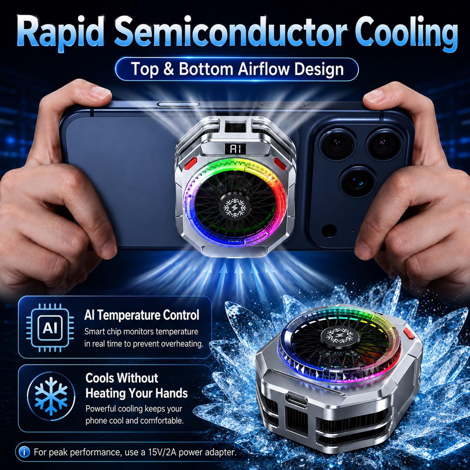 Raffreddatore Telefono Magnetico e Ventola per Telefono: Controllo Intelligente Temperatura, 5 Modalità, Flusso Aria Verticale, Led, Per Smartphone Compatibili con iOS/Android