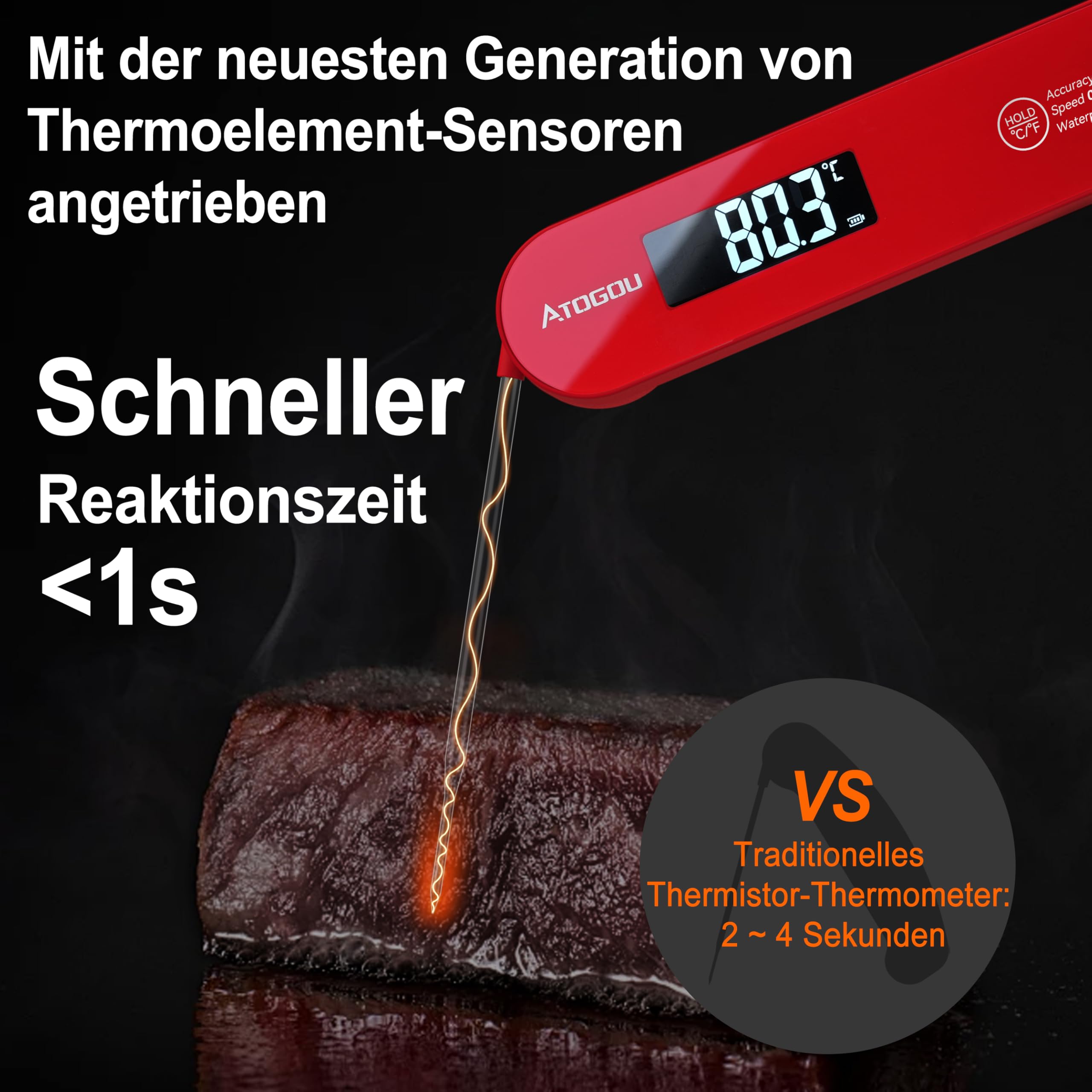 ATOGOU Thermomètre numérique ultra rapide IP67 étanche avec fonction Hold, écran rotatif à 180°, pour barbecue, liquide, rôti, bonbons, bœuf (rouge)