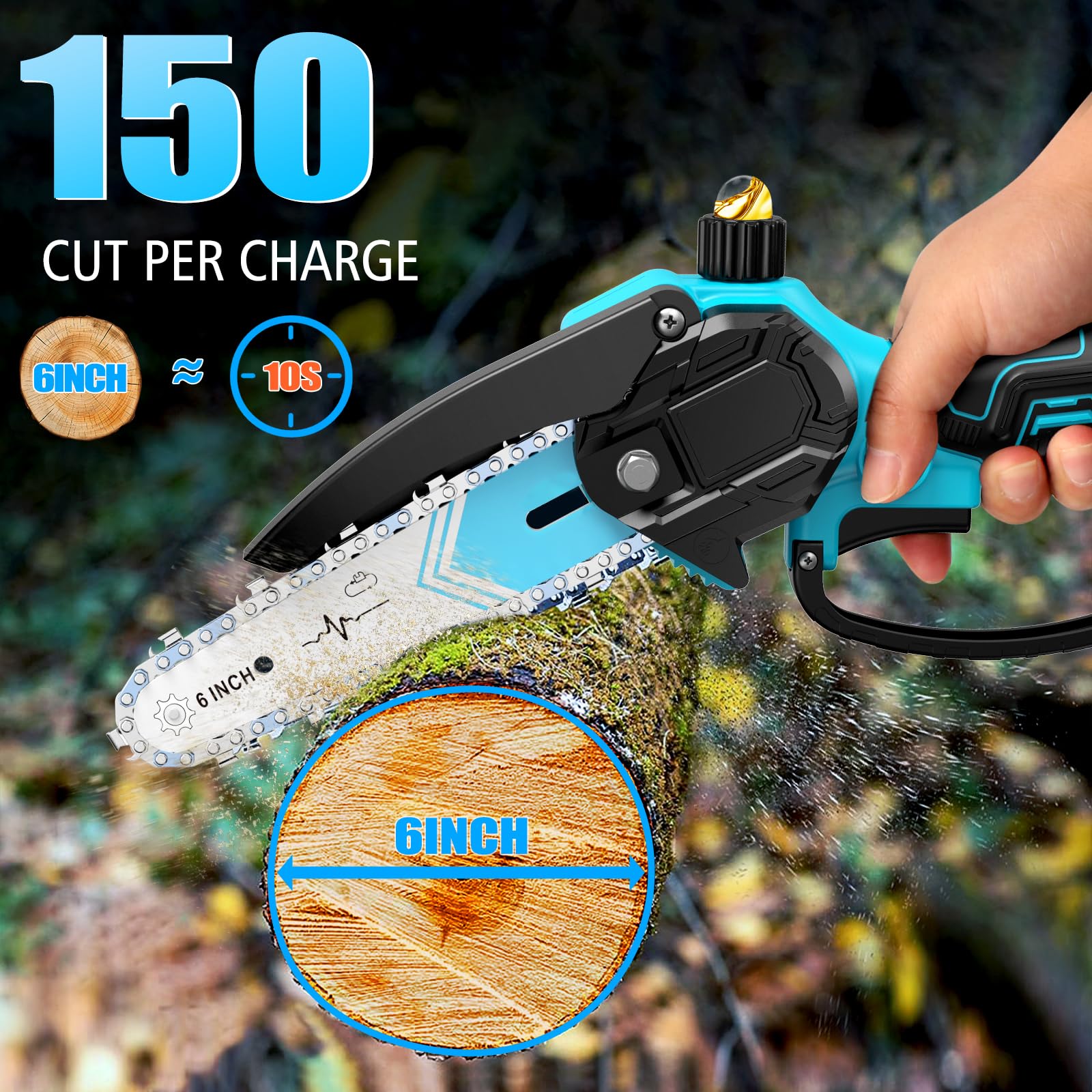 Tronconneuse a Batterie, Mini Tronconneuse a Batterie 6 Pouces, Tronçonneuse Electrique sans fil, Avec graisseur, 4 chaînes, 2 lames pour couper du bois, des branches