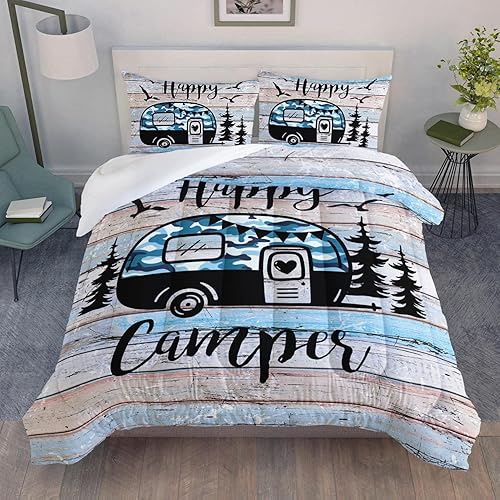 HOSIMA Juego de edredón de decoración de campamento feliz, ropa de cama de camuflaje tamaño Queen para niños, adolescentes, niñas, niños, decoración