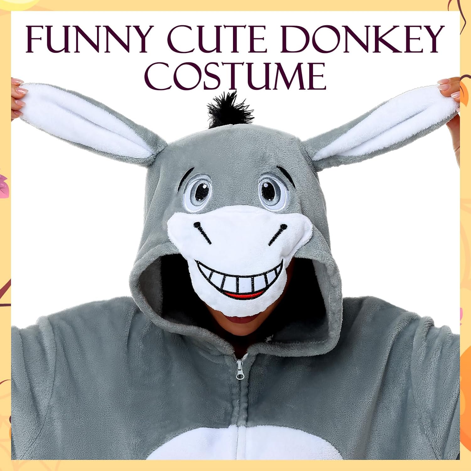 Donkey Onesie Costume Unisex Adult - Grey Hooded Animal Outfit for Halloween, Cosplay, Costume Party - Image 2
