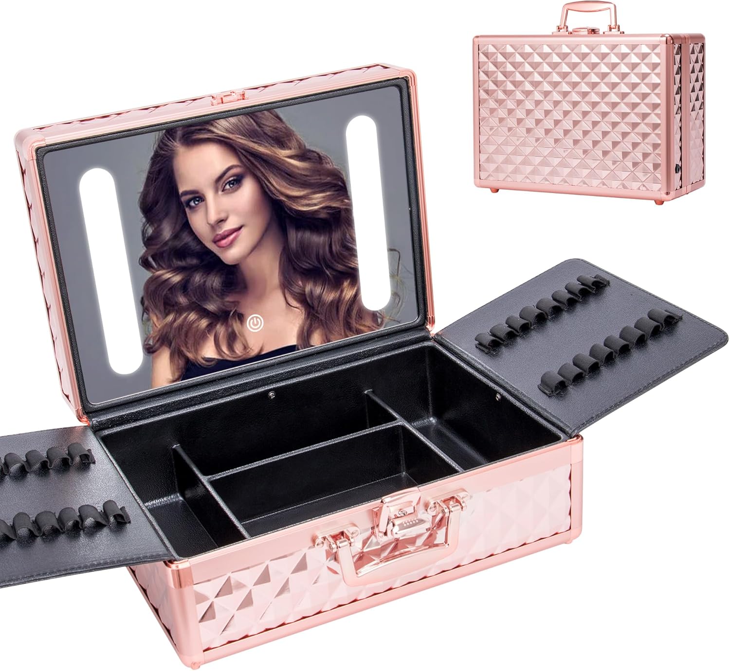 Portable Makeup Case,Cosmetic Box,Beauty Makeup Train Case,with LED Mirror,Travel Makeup Bag Cosmetic Organizer Box with Locks, Brush Holder, Dividers, Rechargeable,Aluminium Alloy, (Rose Gold)
