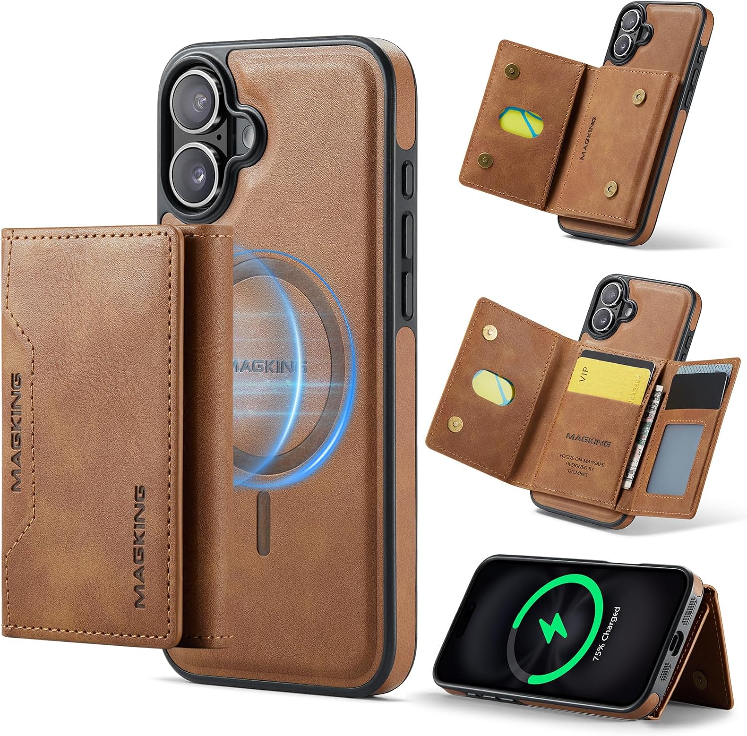 SZHAIYU K2 2 in 1 Detachable Magnetic Phone Cases Compatible with iPhone 16 Case with Card Holder RFID Blocking, Compatible with Magsafe Wallet, Leather 6.1'' (iPhone 16,Brown)