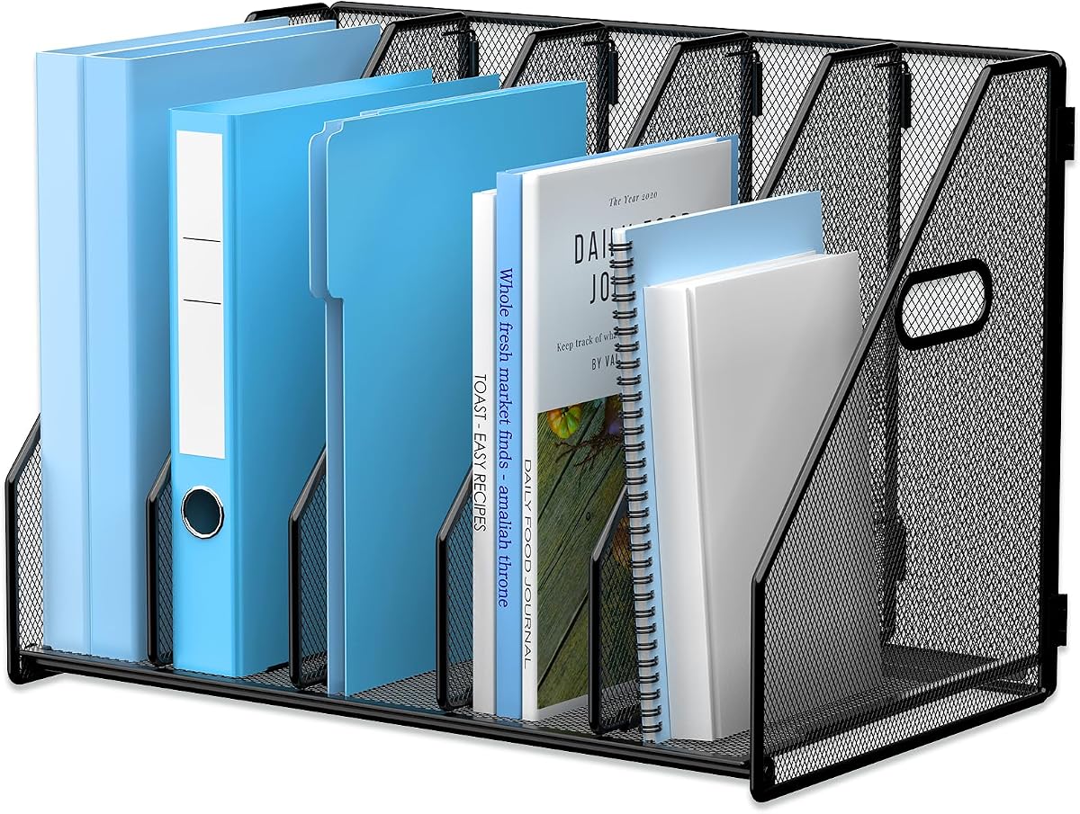 MINDEPOT Organizador de archivos de escritorio con 5 verticales para oficina negro | Malla metálica resistente, soporte para carpetas de revistas, organizador de archivos en rack para el hogar y la escuela, 5 compartimentos verticales