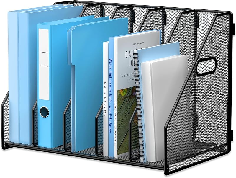MINDEPOT Organizador de archivos de escritorio con 5 verticales para oficina negro | Malla metálica resistente, soporte para carpetas de revistas, organizador de archivos en rack para el hogar y la escuela, 5 compartimentos verticales