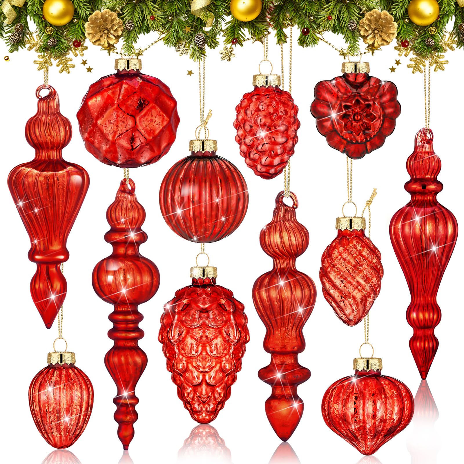 Vercraft Quecksilber-Glas-Weihnachtsschmuck, Vintage-Endstücke, hängende Weihnachtskugeln, sortiert, Quecksilberglas-Dekoration für Zuhause, Weihnachtsbaum, Party-Dekoration, 12 Stile (rot), 20 Stück