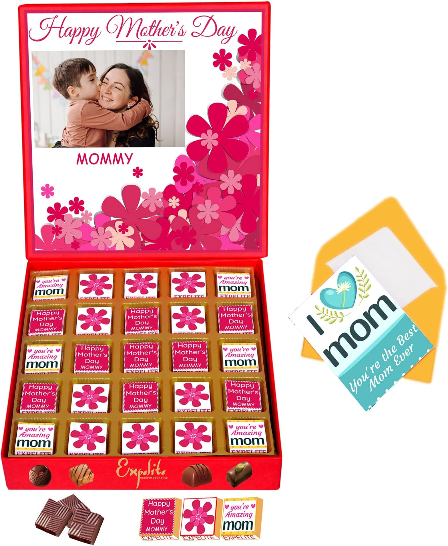 EXPELITE Personalized Mothers Day Chocolate and Greetings Gifts from Son 25 pc with name and photo
