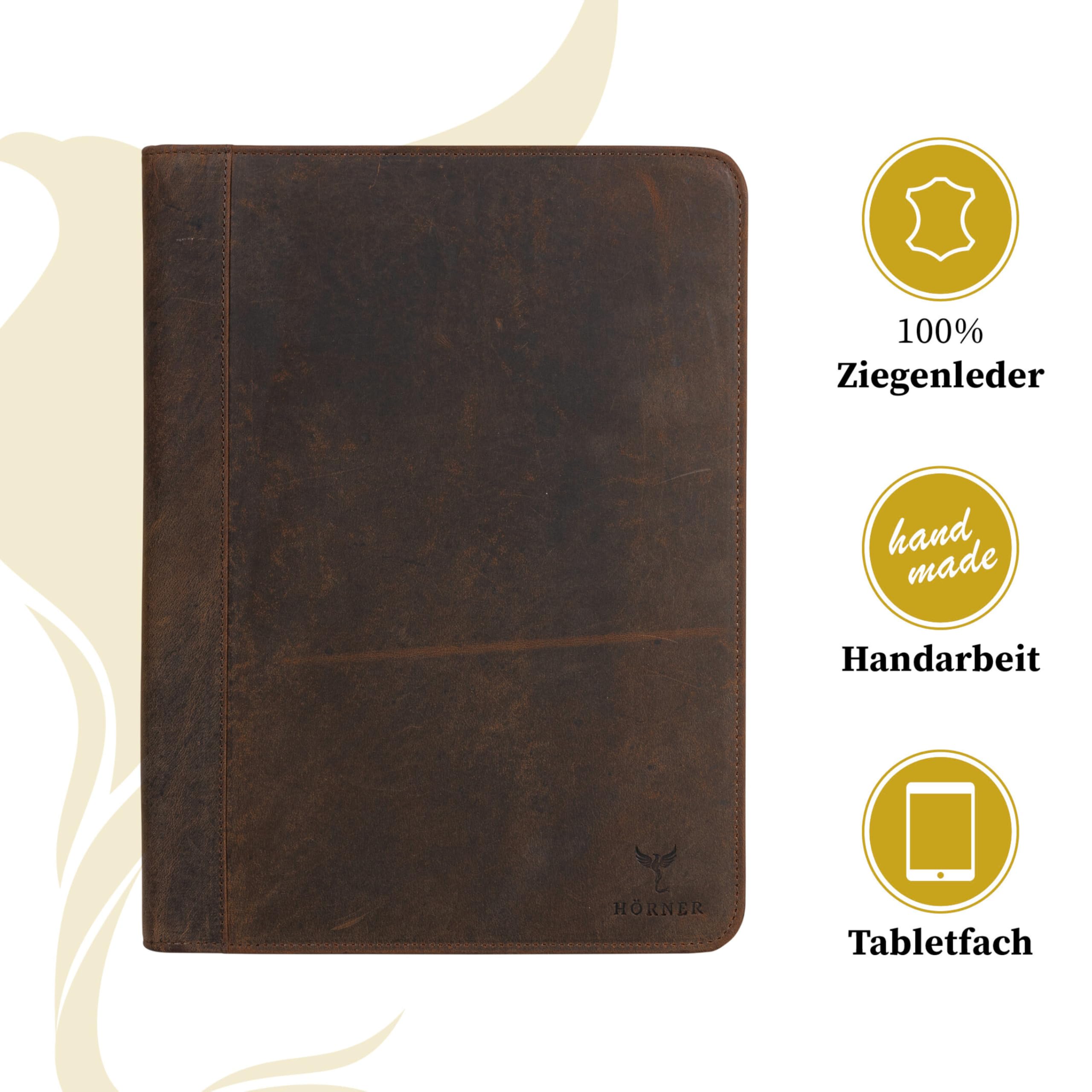 Hörner Rom Dokumentenmappe A4 Leder Braun, Konferenzmappe mit Reißverschluss, Schreibmappe Echtleder für Tablet und Dokumente, Business Geschenk