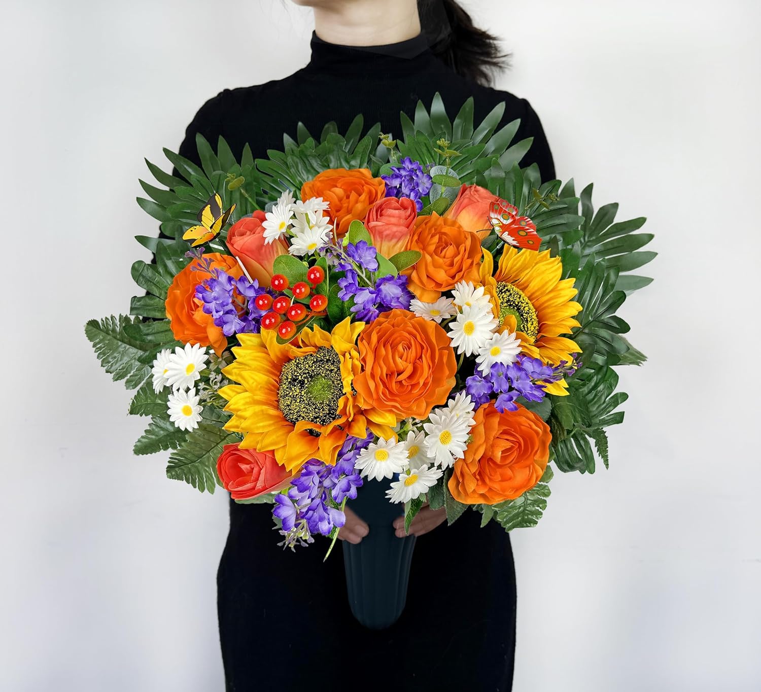 Artificial Cemetery Flowers for Grave Vase - Gravesite Flowers,Fade-Proof Headstone Decorations with Sunflower Rose Lavender Mix Bouquet