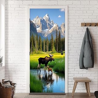 Door Sticker Moose Calf Mountain Meadow Stream Snow Capped Peaks Door Decal Mural Self-Adhesive Peel and Stick Removable Refrigerator Wrap Stickers Poster Wall Decor 30.3"x78.7"