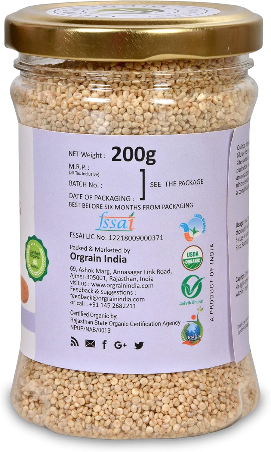 Orgrain India USDA Certified Organic Quinoa Seeds 400g (Pack of 2 * 200g)