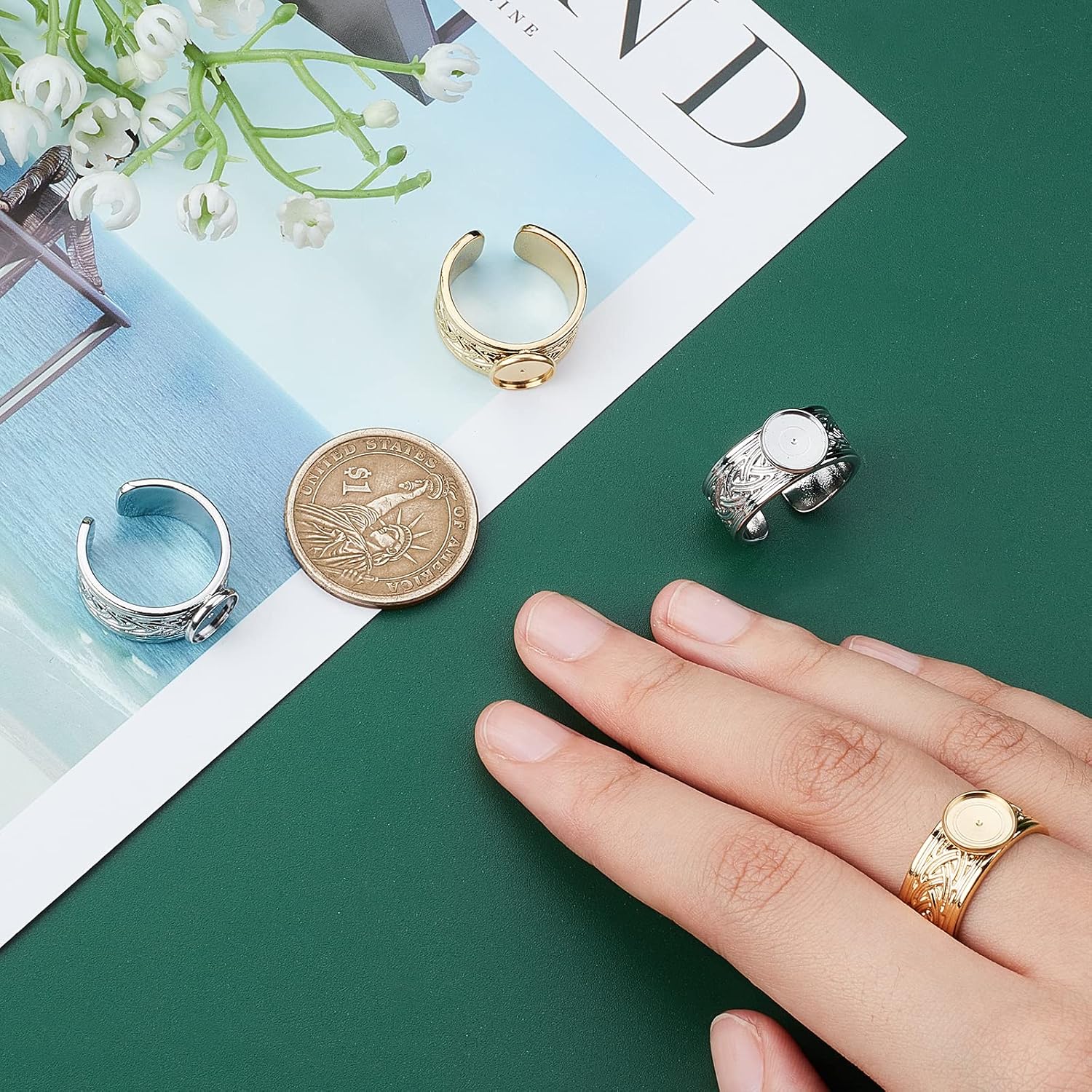 UNICRAFTALE 4Pcs 2 Colors Wide Tray Cuff Ring Settings Size 7 Cabochon Ring Carving Pattern Stainless Steel Blank Rings 8mm Trays Open Finger Rings for Jewelry Making image 3