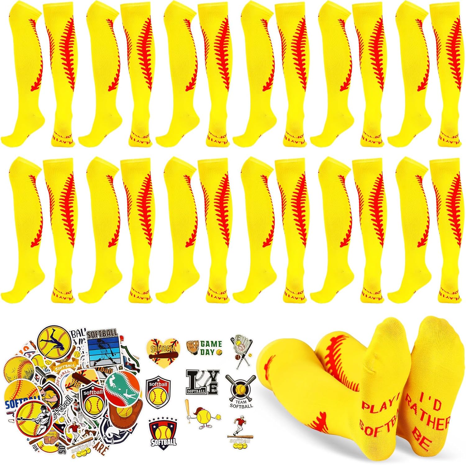 Shinymoon 12 Pairs Softball Socks 100 Pcs Softball Stickers for Sports Team Gifts